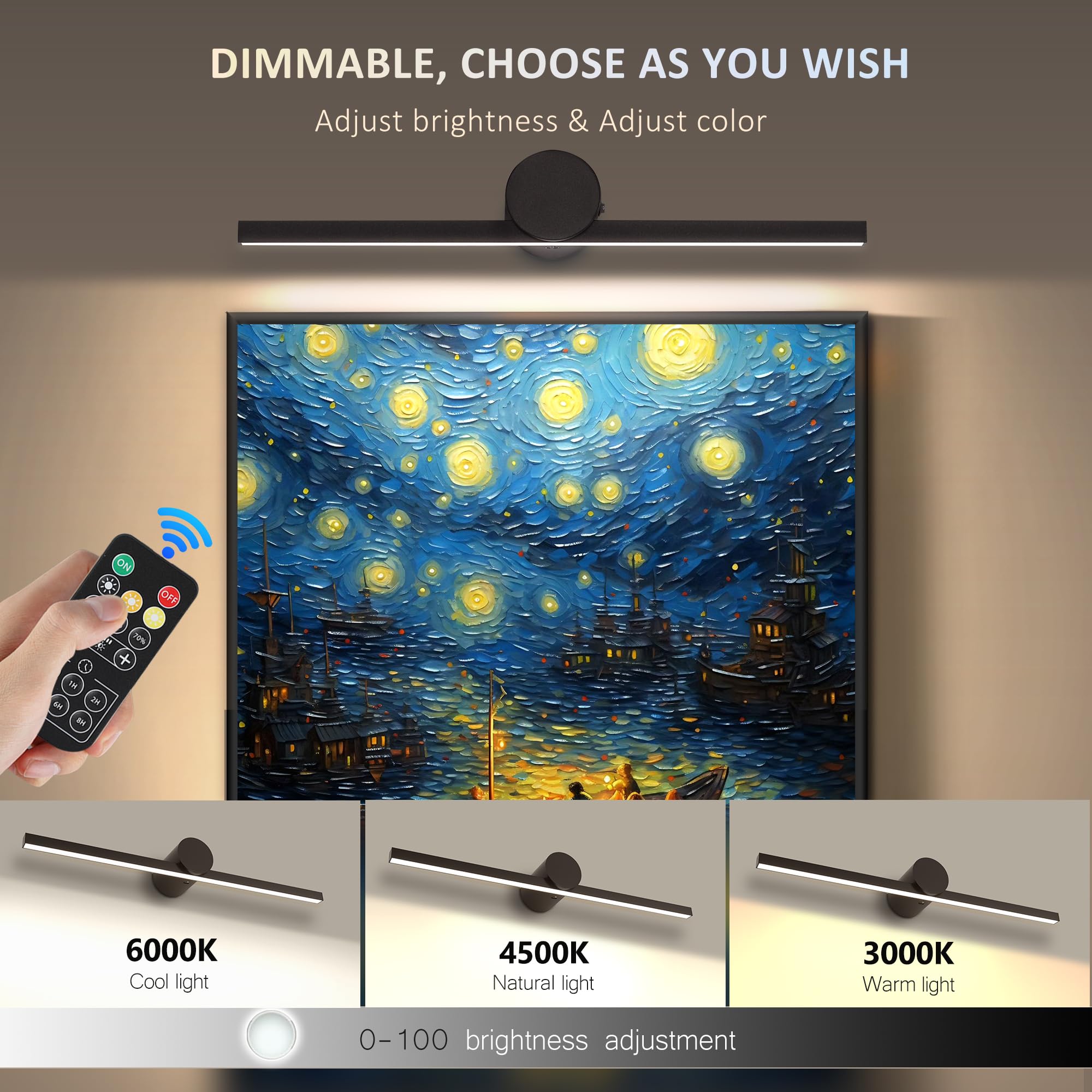 ZitoStory Battery Operated Picture Light, 15.35" Wireless Dimmable Art Light, Black, Model 7119-Black, Rechargeable for Gallery Use