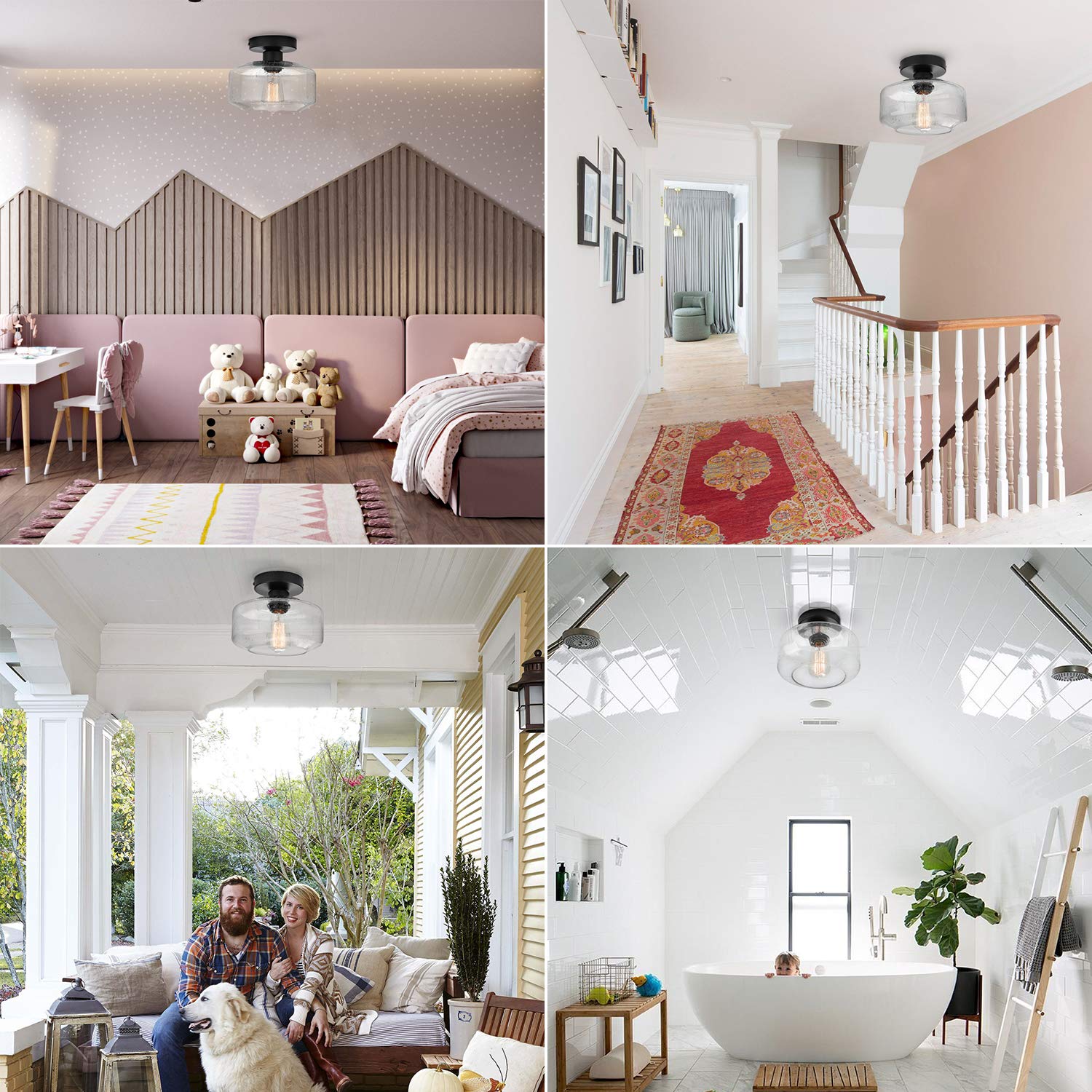 Sunrider Industrial Semi-Flush Mount Ceiling Light Fixture, Modern Seeded Glass Pendant Lamp, Black Farmhouse Hanging Lighting F