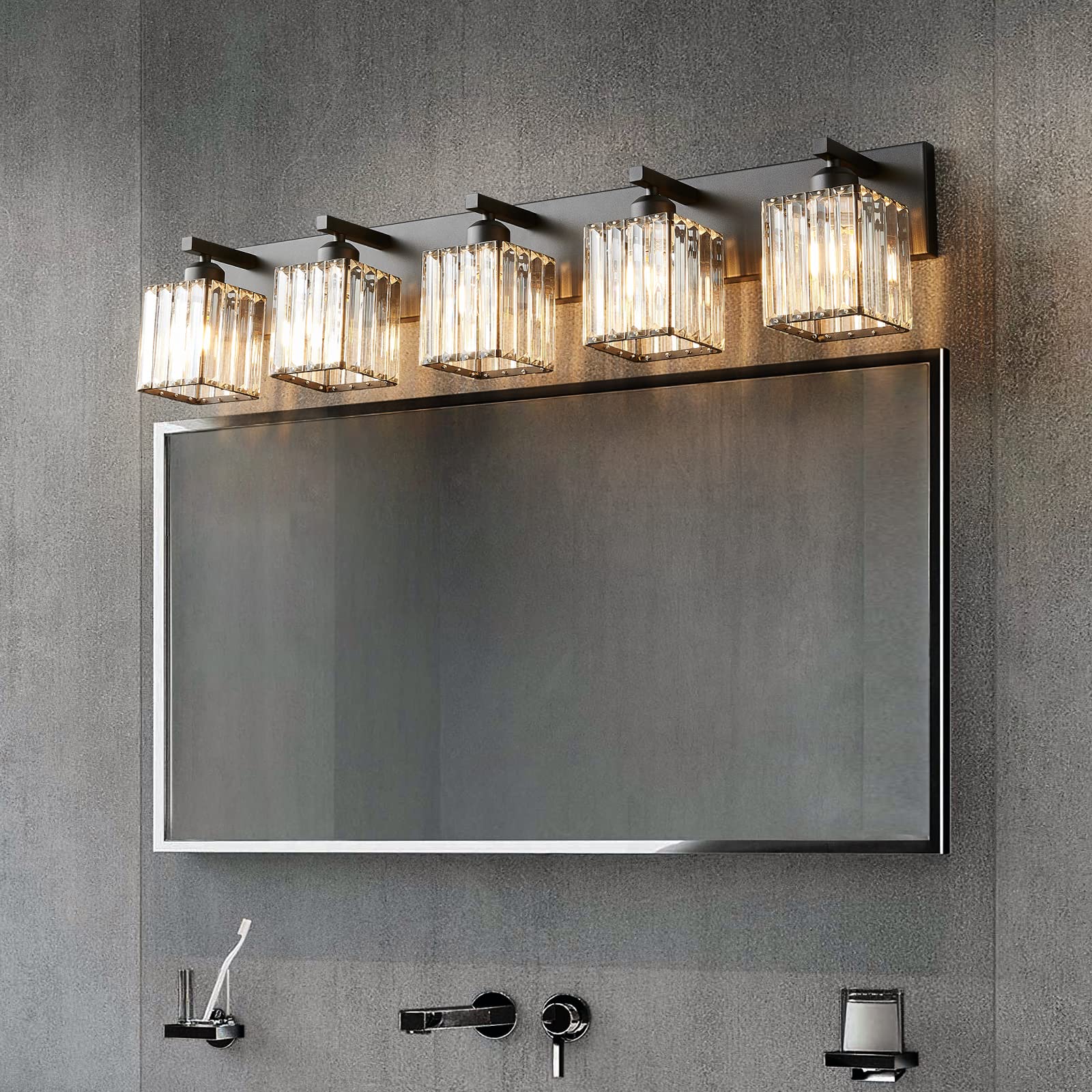 FDPBY Modern Black Crystal Bathroom Vanity Light - 5-Light Wall Fixture, Metal, JW-002, Black