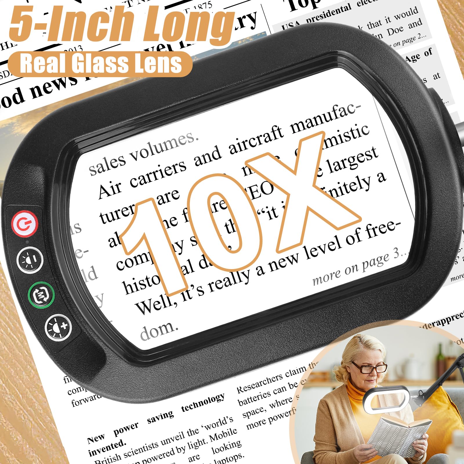 IVMAIE 10X Magnifying Glass with Light & Stand, 5 Color Modes LED Dimmable Magnifier for Sewing, Painting, Reading - Black