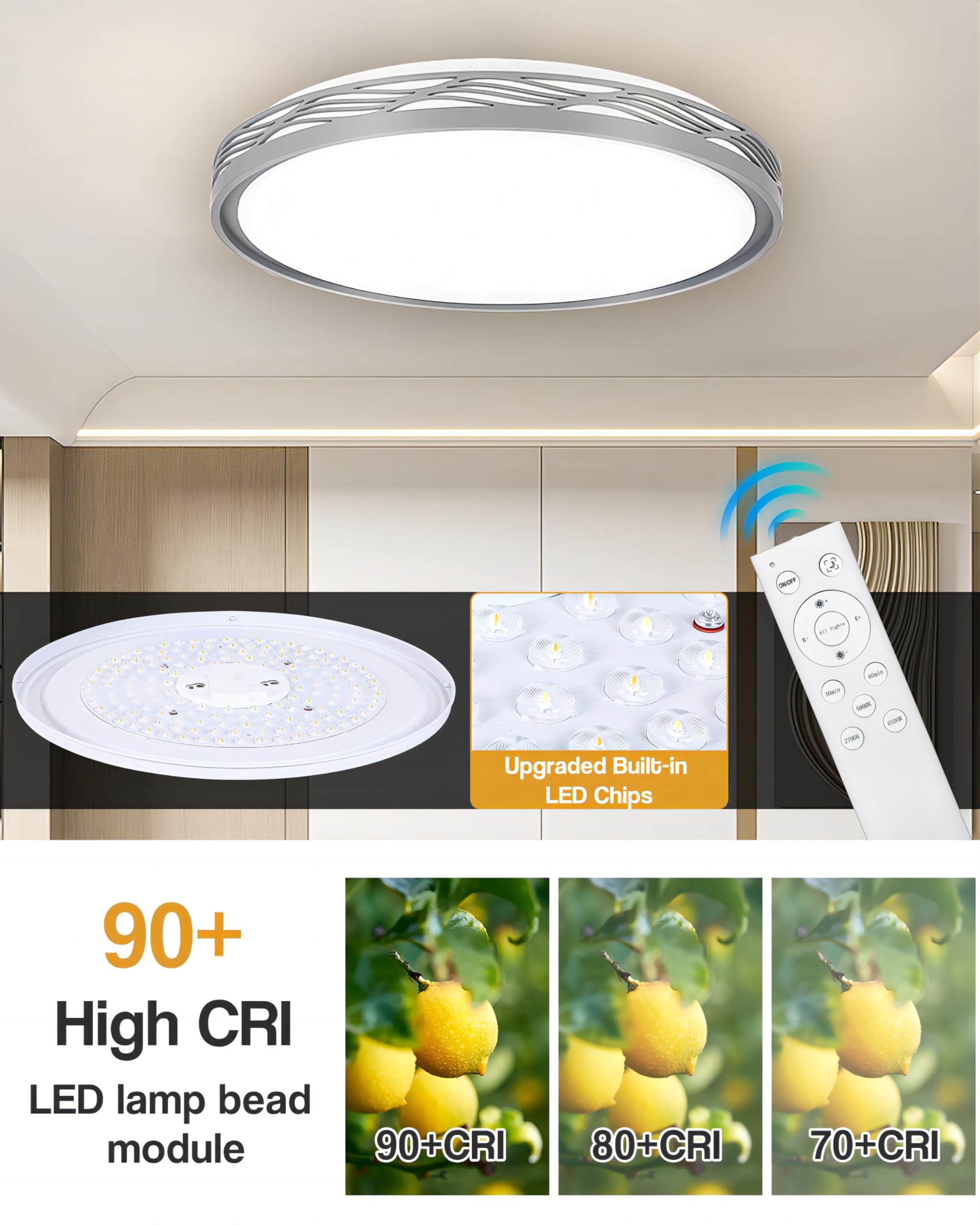 FCPVHOY LED Ceiling Light Fixture, 20 Inch, 70W Dimmable, 8900lm, Metal, Grey
