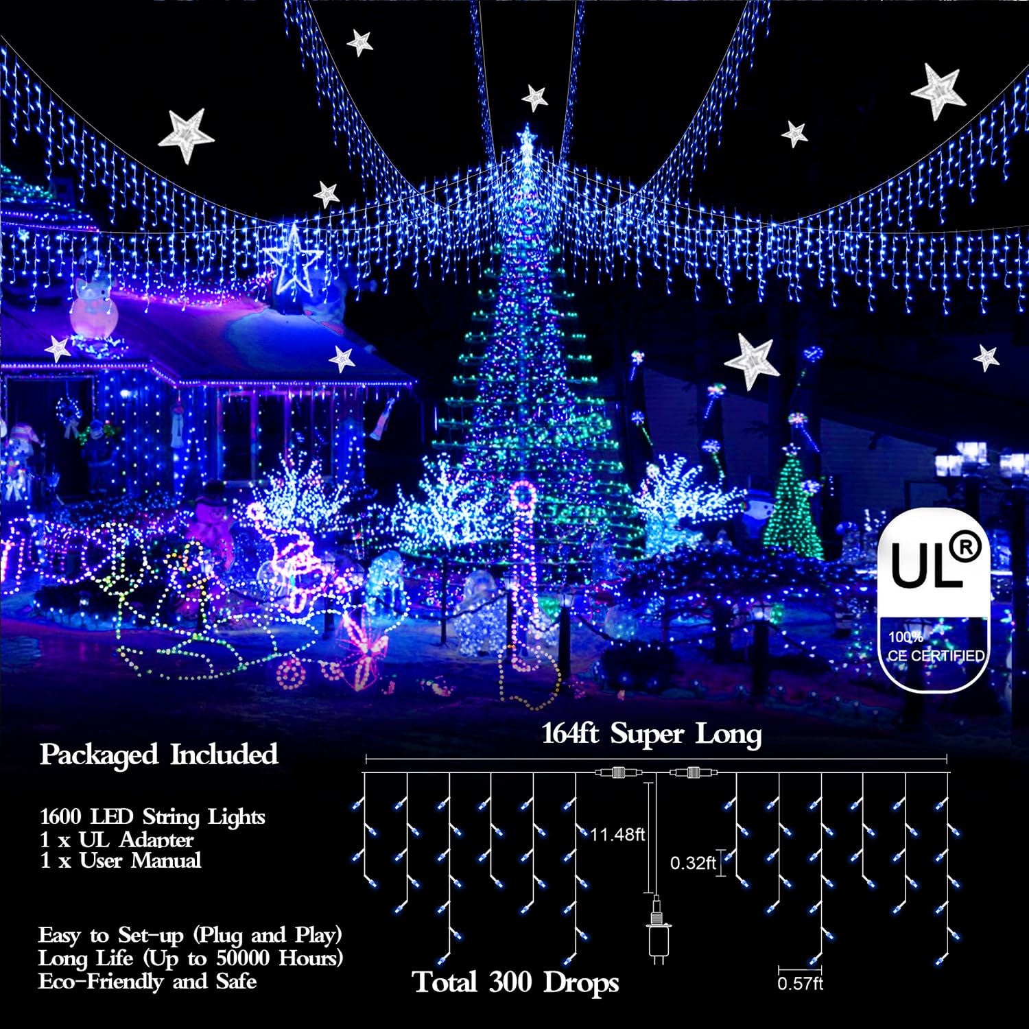 FLVOECN LED Outdoor Christmas Lights, 1600 LED, 164FT, 8 Modes, Timer, Waterproof, Blue, Model BG-CL3M3-306L01