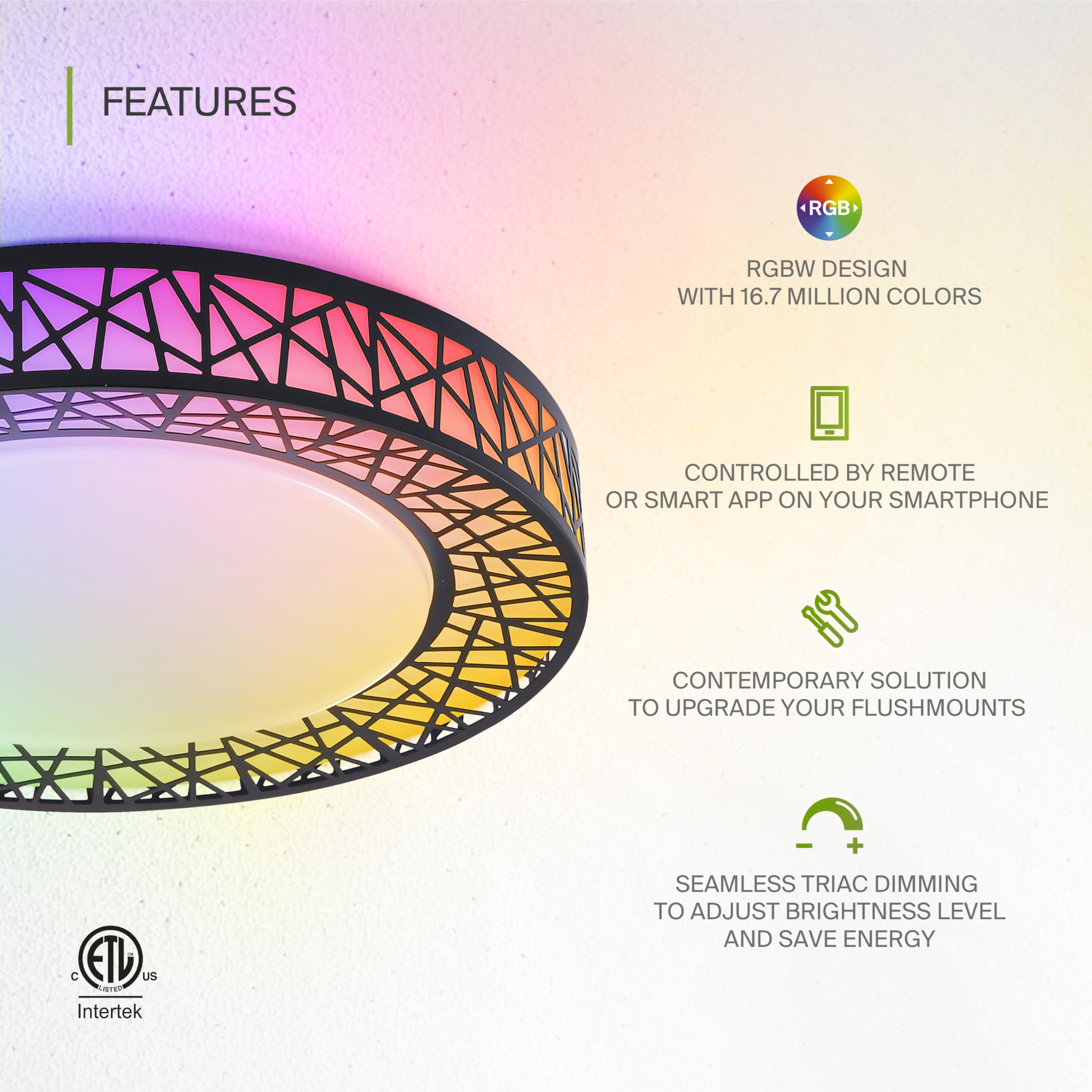 ASD 16 Inch Smart RGBW Flush Mount Ceiling Light, Dimmable 28W, WiFi App Control, Matte Black, Model A-LFM16D28SRGBW-B