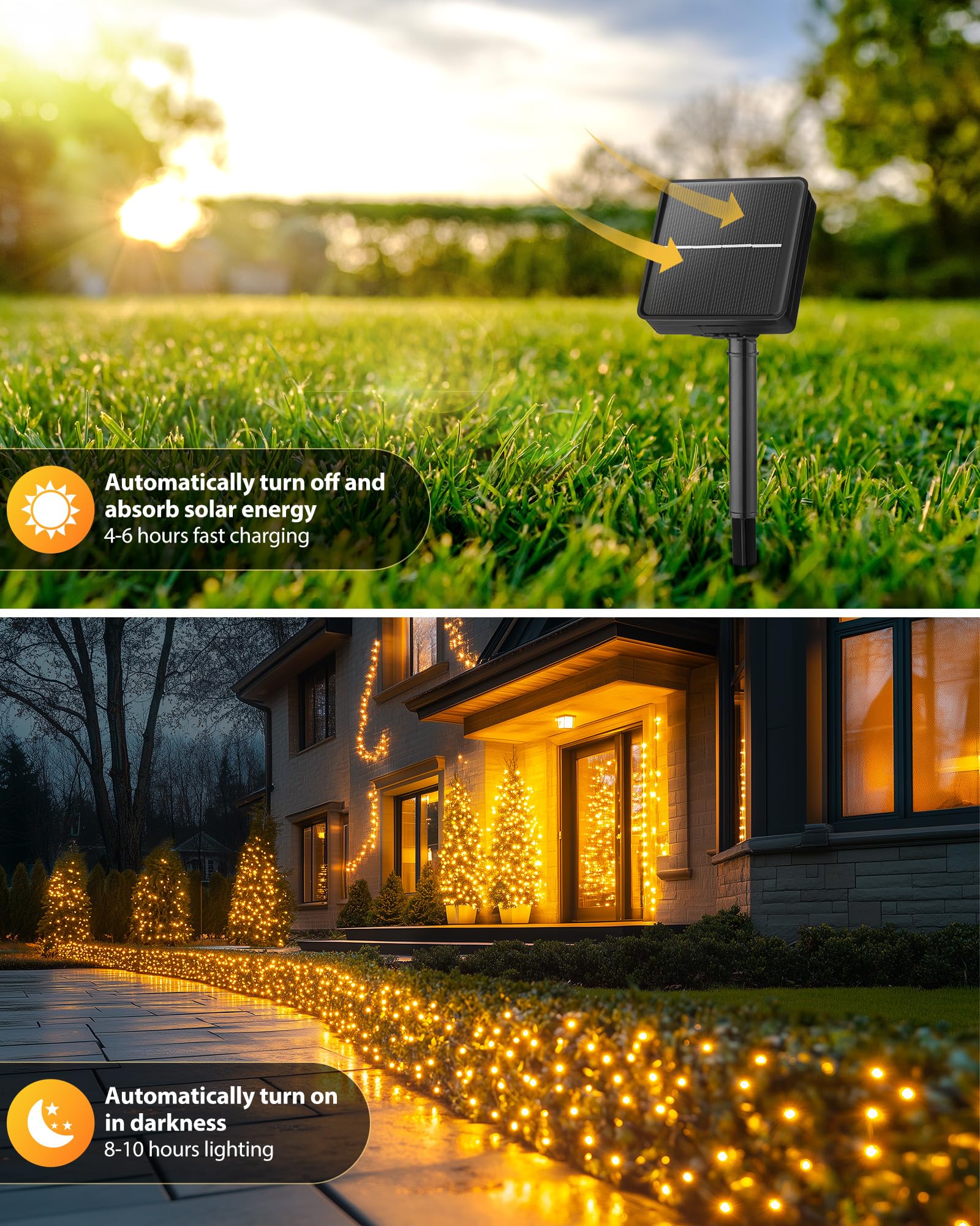 Brightown Solar String Lights 92Ft, 240 LED, Waterproof, 8 Modes, Warm White, 2 Pack for Patio, Yard, Garden Decorations