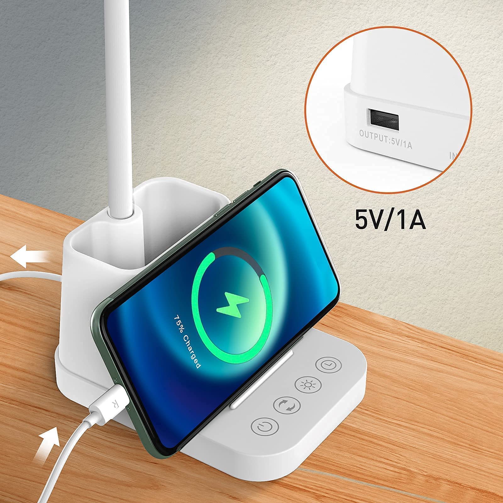 AXX Gooseneck LED Desk Lamp - White, USB Charging, 650LM, Modern Design, Pen Holder, Model TU01
