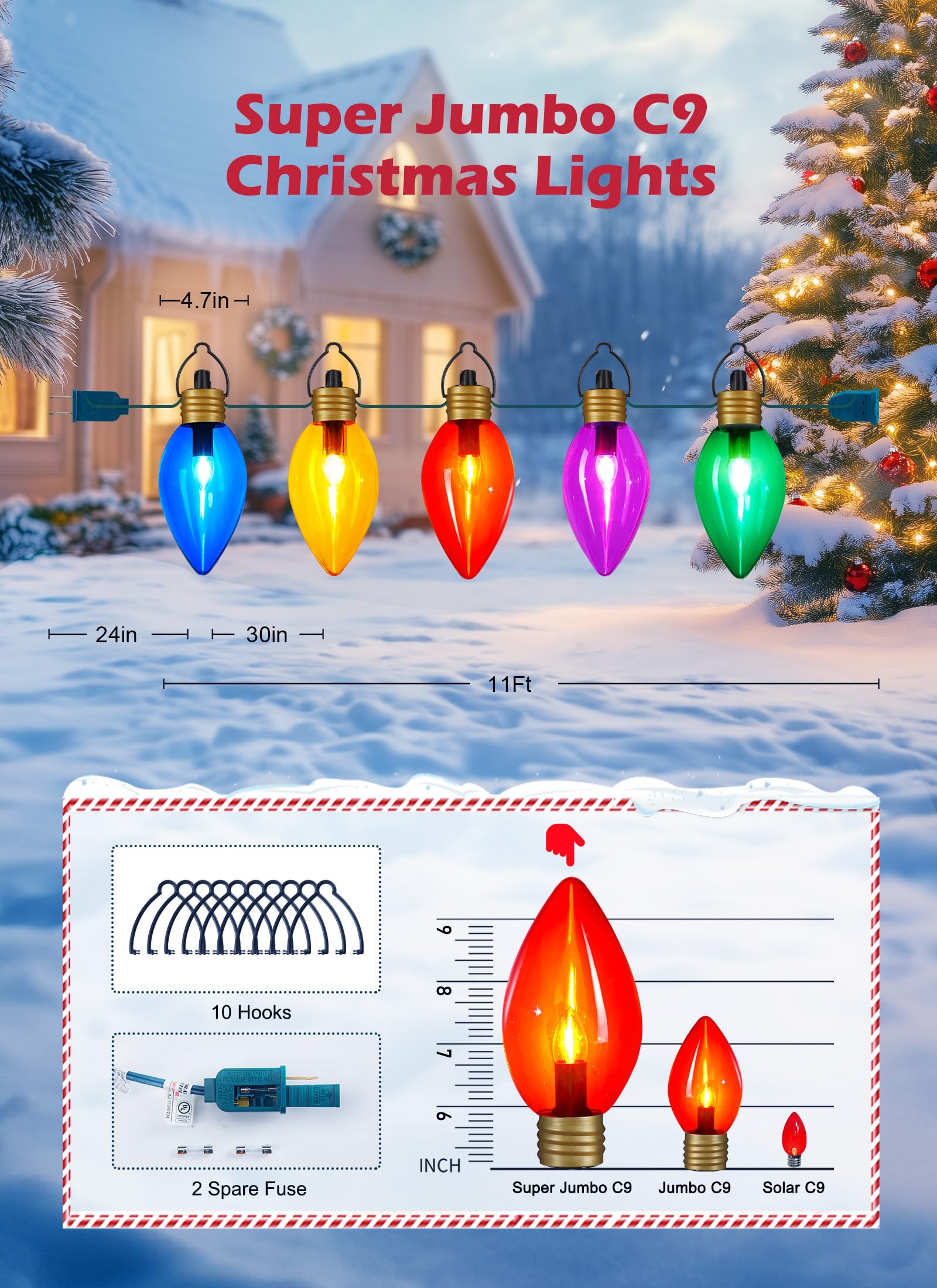 Minetom Jumbo Christmas String Lights, 2 Pack Multicolor 11Ft Waterproof C9 Outdoor Decorations for Holiday Home Tree Roof Yard
