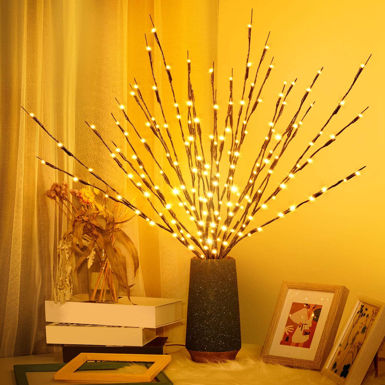 CLESDF Lights Twig - 60 LED Waterproof Branch Lights, Battery Operated, Warm Yellow, 3 Pack, Metal