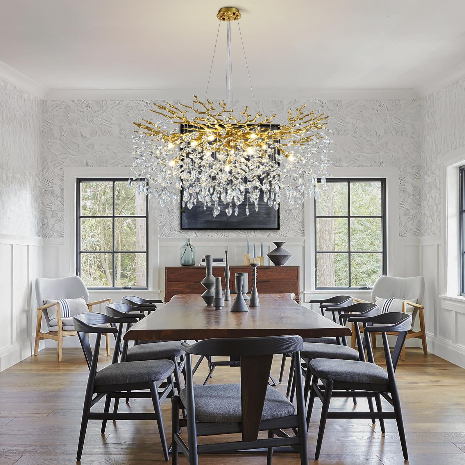 Kvtinmty Modern Crystal Chandeliers For Dining Room Over Table, 40'' Round Gold Tree Branche Chandelier, Large Crystal Chandelie