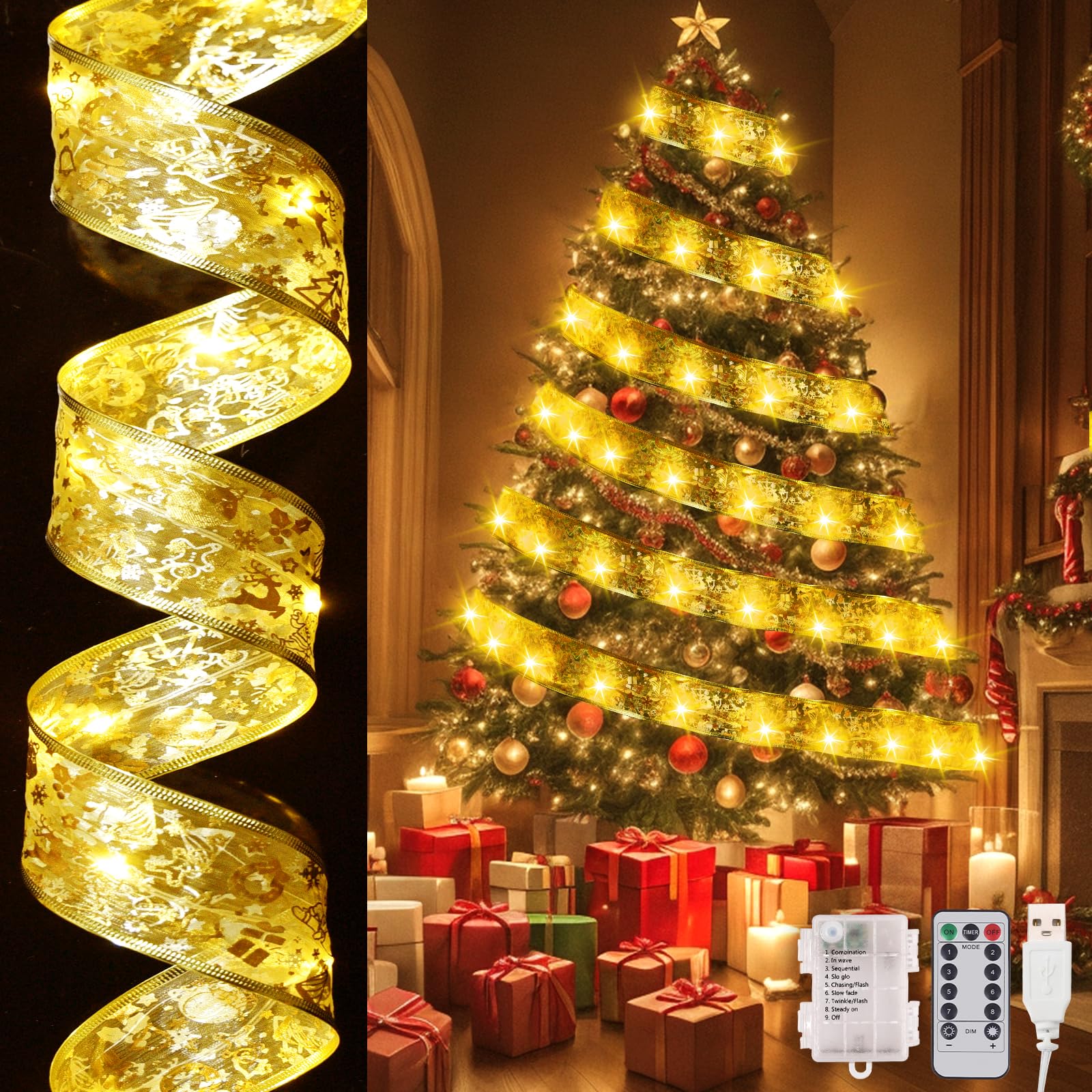 Dailyart Christmas Tree Ribbon Lights 200 LED 78Ft Gold Dacron with Remote & Timer