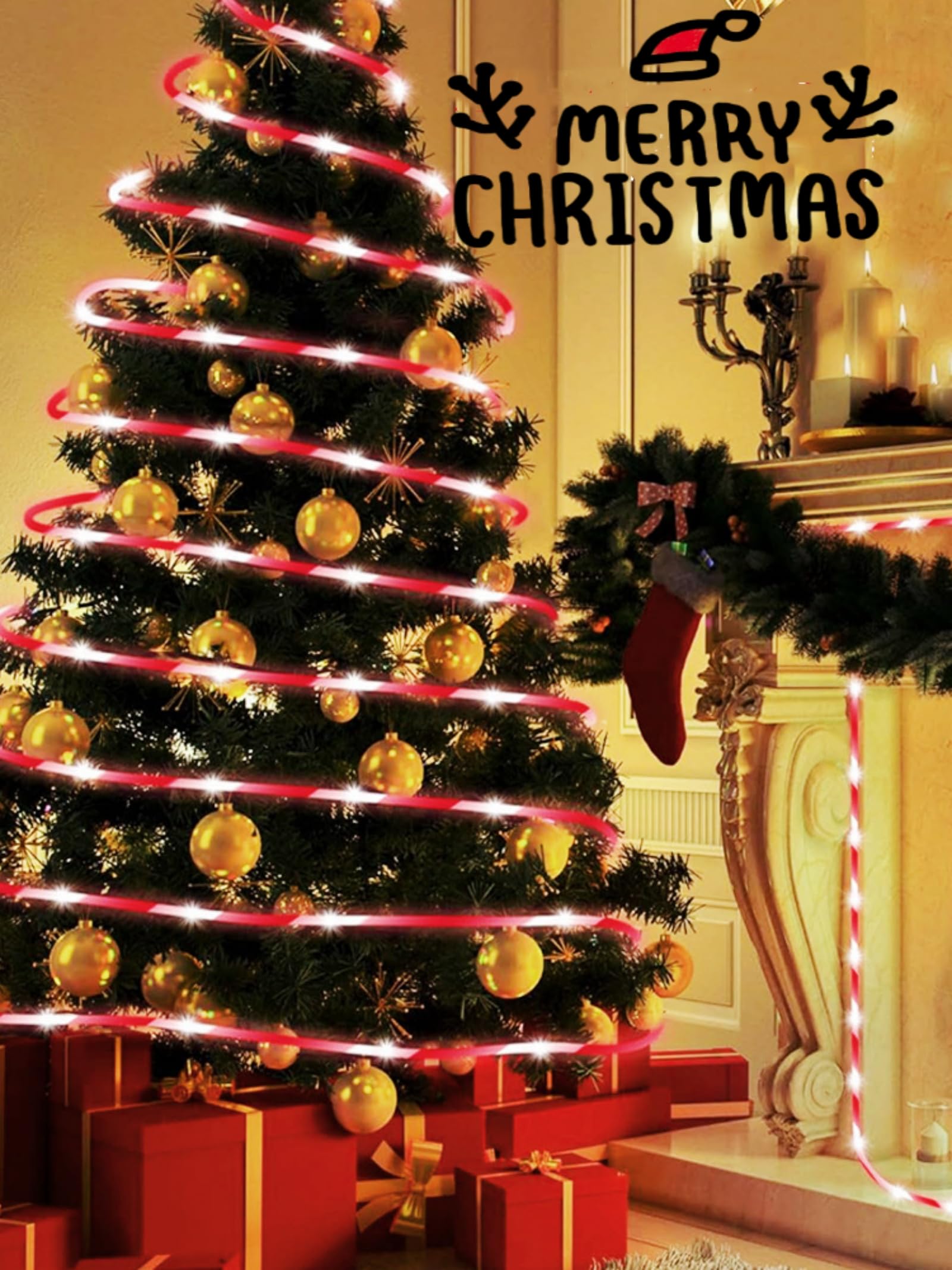 Qitong Christmas Candy Cane Rope Lights, 2 Pack Each 33Ft 100 Led Red & White Solar Rope Lights, 8 Modes Solar Tube Lights For O