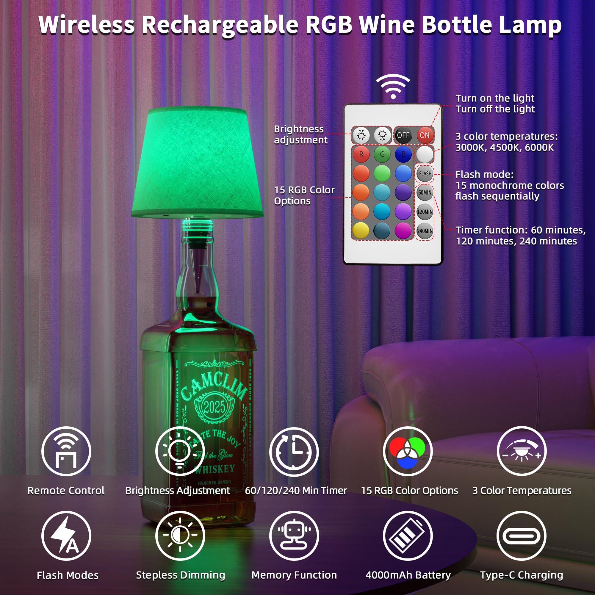 Wireless Wine Bottle Lamp Shade: Liquor Bottle Stopper Light With Remote Control Dimmable Cordless Portable Rechargeable Led Battery Operated spirit-inspired flavor Bottle Lampshade For Bedside Bar Bedroom Decor