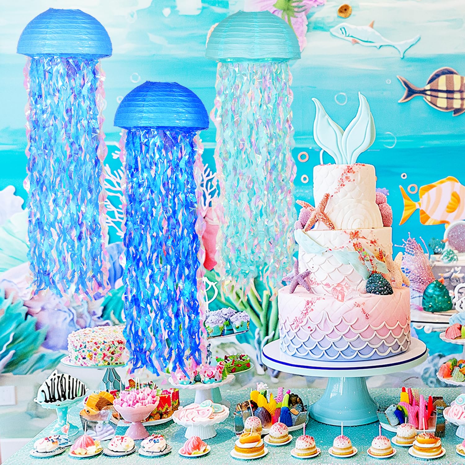 Obxt 10'' Blue Hanging Jellyfish Paper Lanterns - Under The Sea Party & Mermaid Birthday Decorations, Baby Shower, Nautical Even