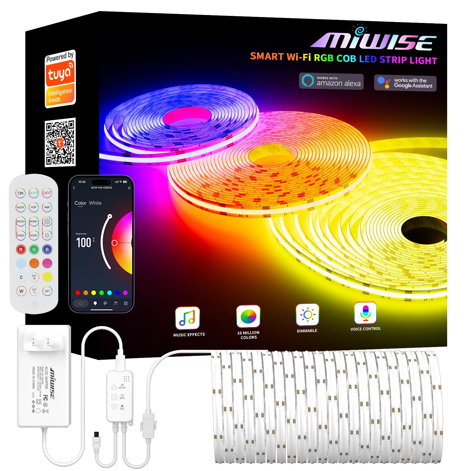 Miwise Rgb Cob Led Strip Light 20Ft/6.1M,Color Changing Dimmable Strip Light Dc24V,Compatible With Alexa/Google Assistant/Tuya Multicolor Flexible Tape Light,For Tv,Bedroom,Party Diy Decoration