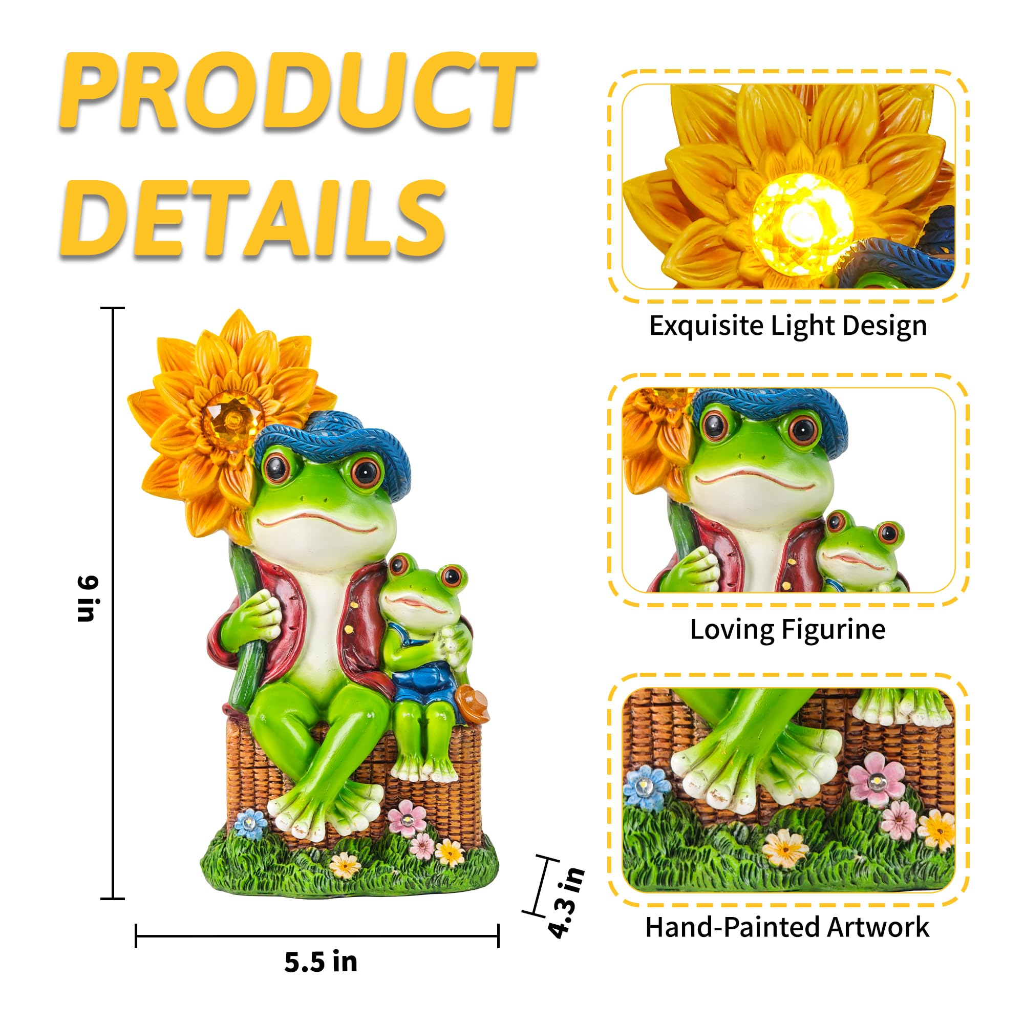 CFFOWNUG Outdoor Frog Garden Decor, 9in  Resin Yard Decoration, Funny Solar Frog with Sunflower Light, Model CF-FLOG001, Frog Color
