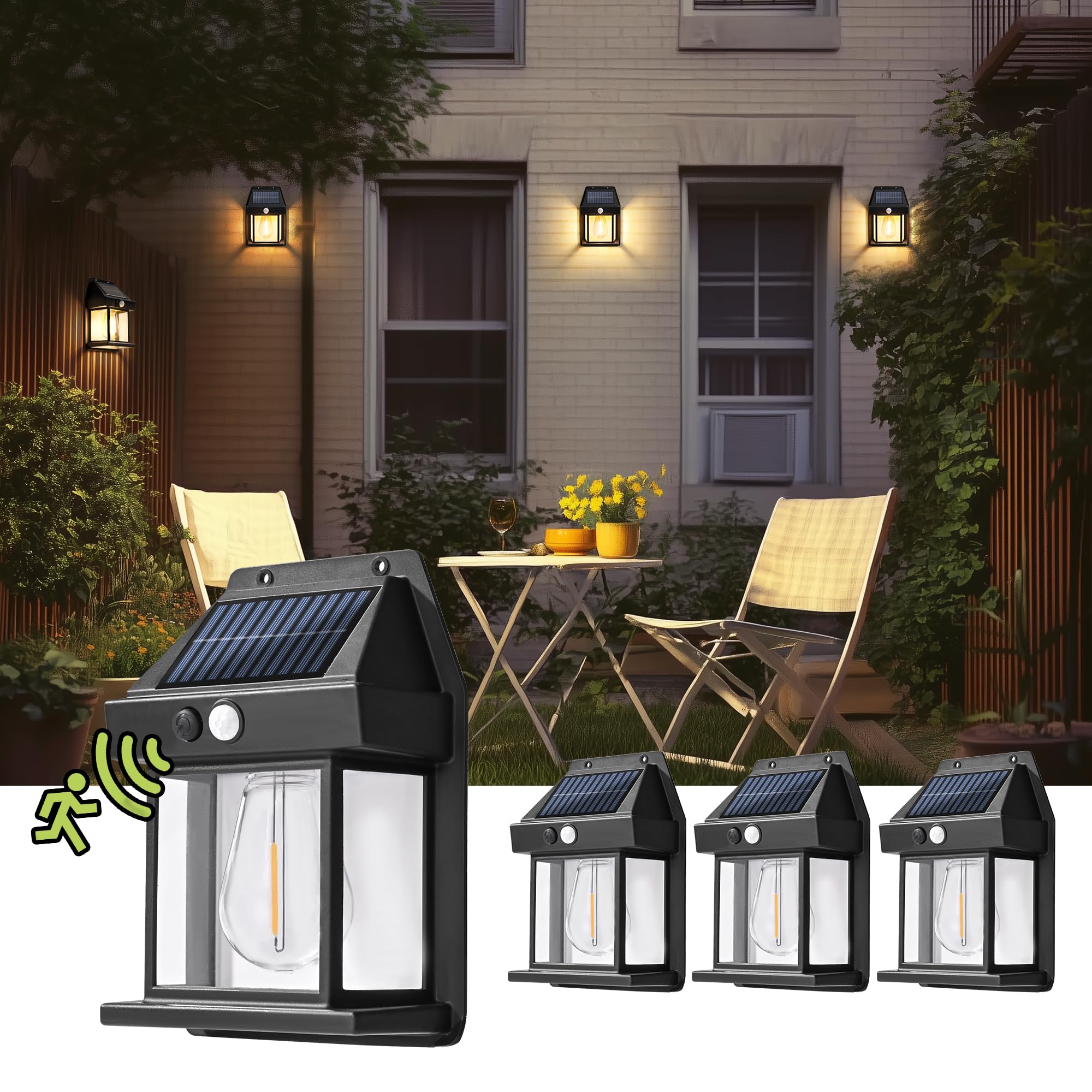 PATIOPIA 4 Pack Solar Motion Sensor Wall Lights with 3 Lighting Modes, Waterproof Led Solar Powered Wall Lights for Deck, Fence,