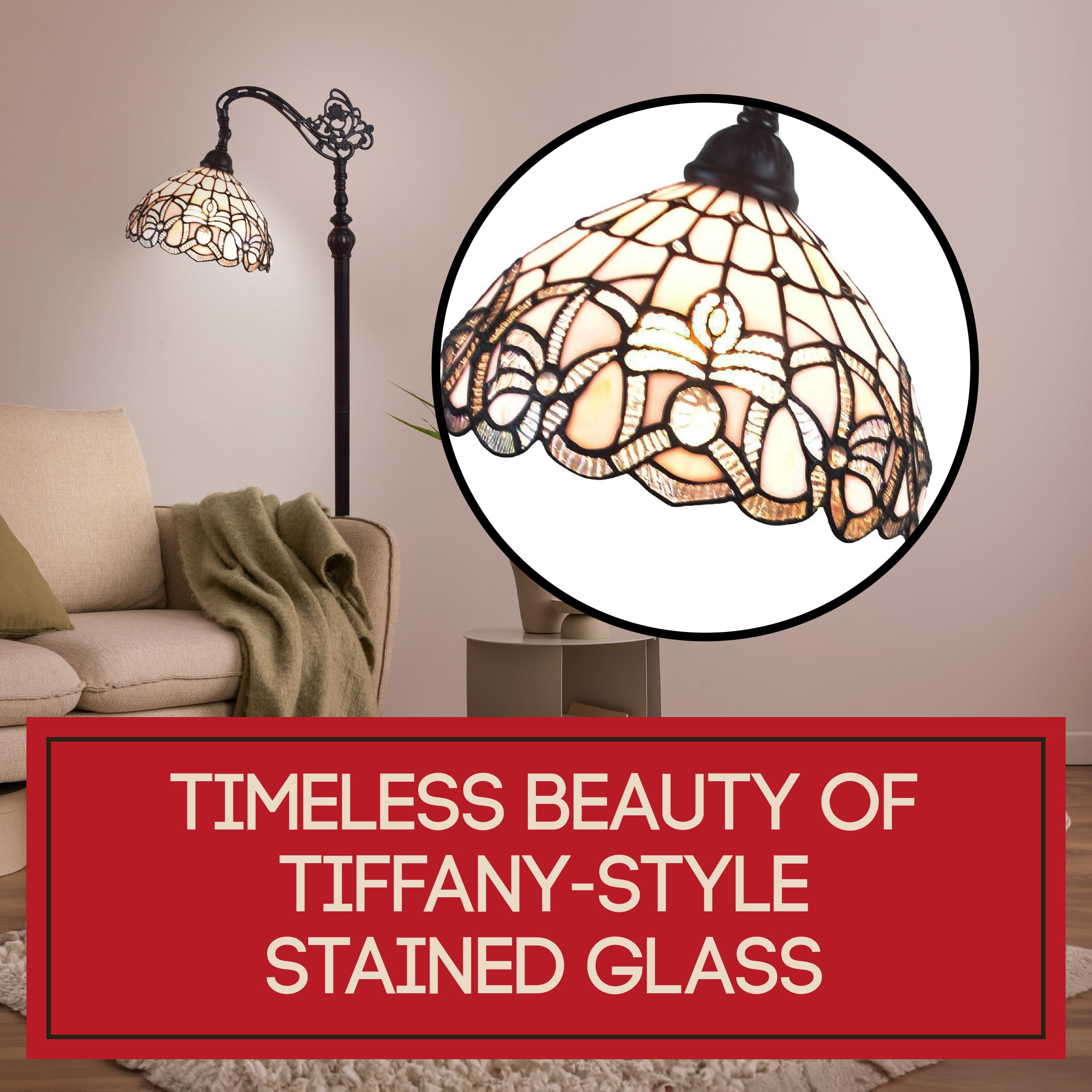 Amora Tiffany Floor Lamp - Arched, Stained Glass 62    - Traditional White Mahogany With Foot Switch Operation And Adjustable La