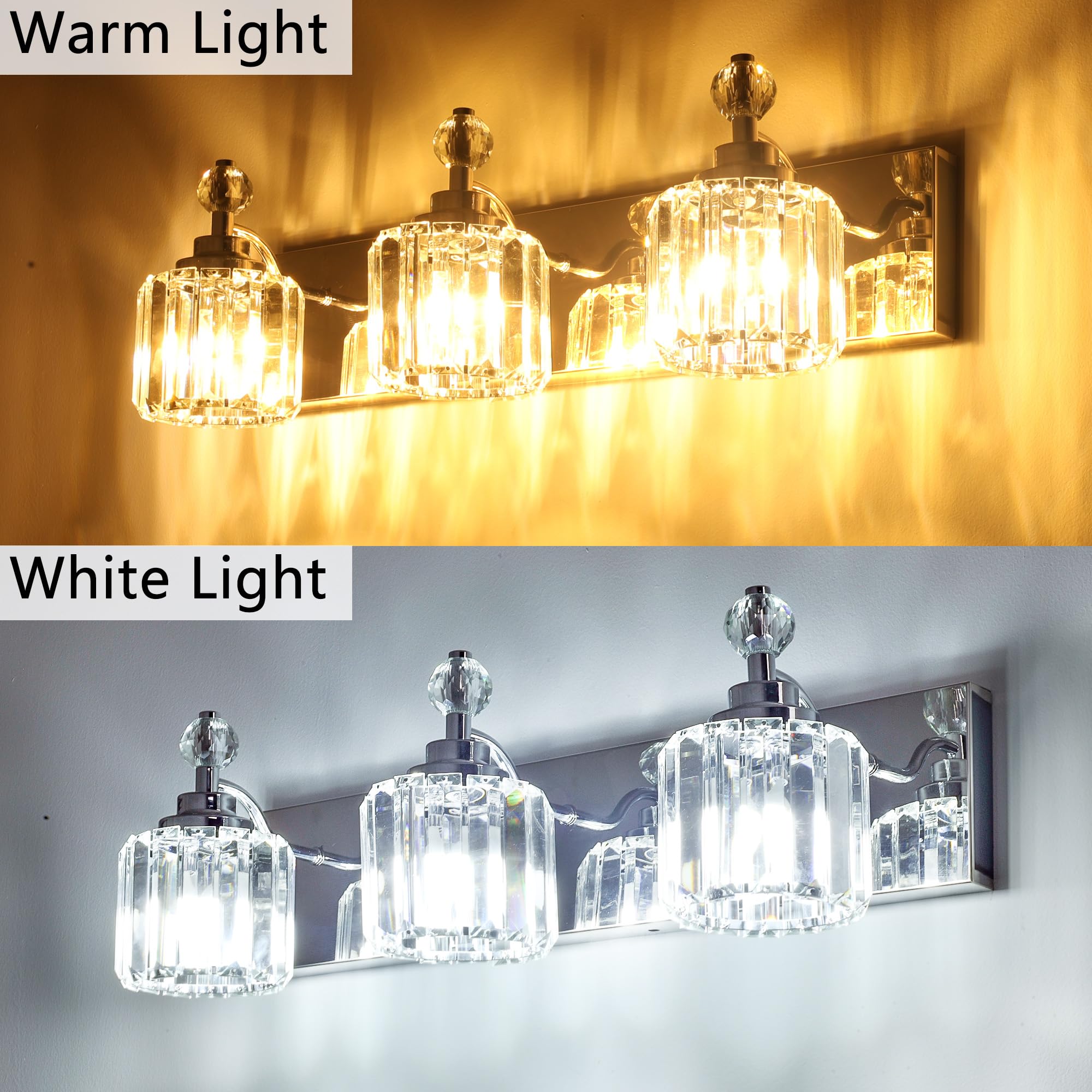 Danshinro 3-Light Bathroom Vanity Light, Chrome, Glass, E12 Base, Model L19, 39pcs Crystal Sheets