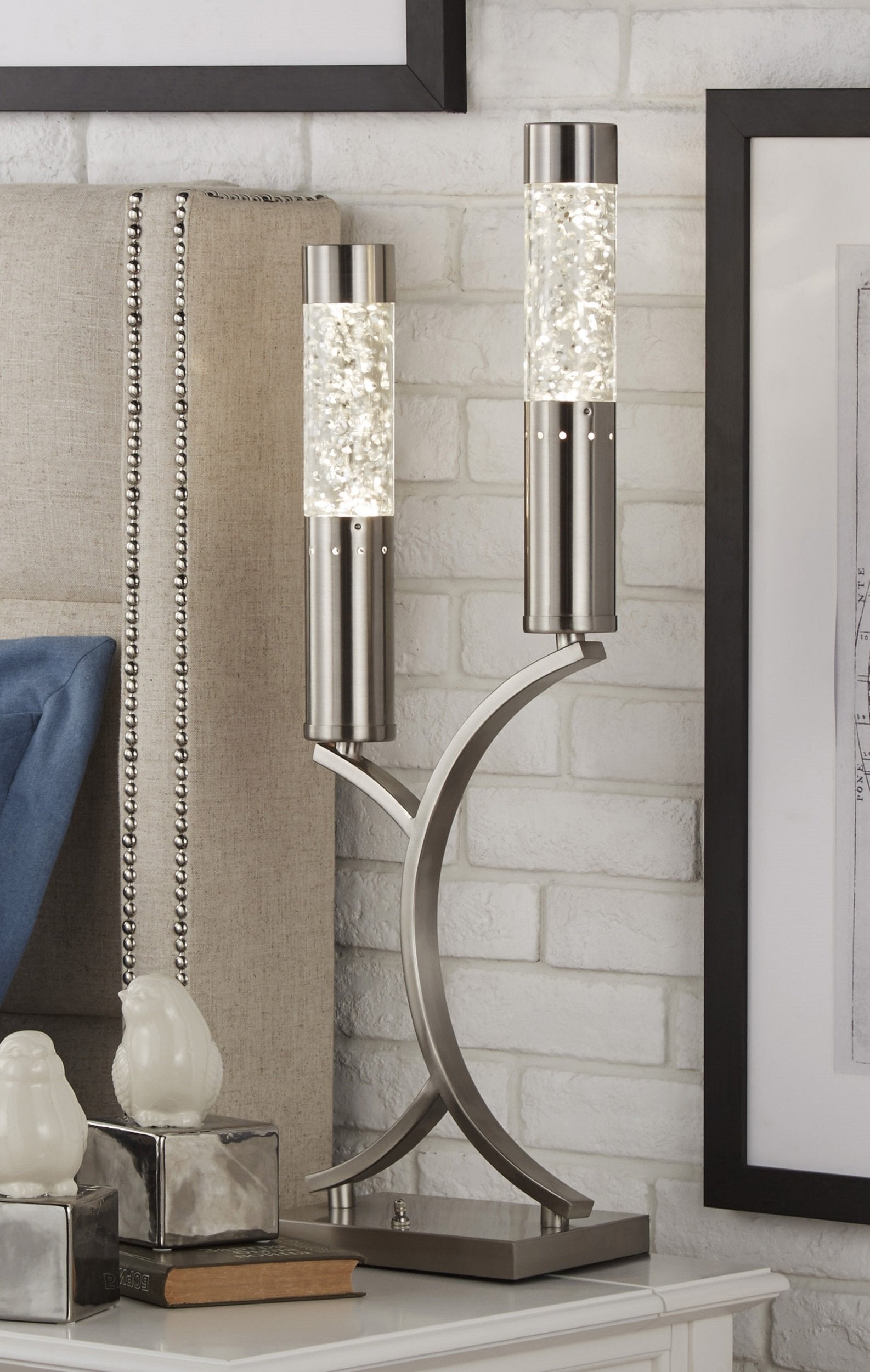 Homelegance Mood Light - Two Sparkling Water-Drop Design, Satin Nickel Finish, Table Top Size, Model H10076, Metallic Color