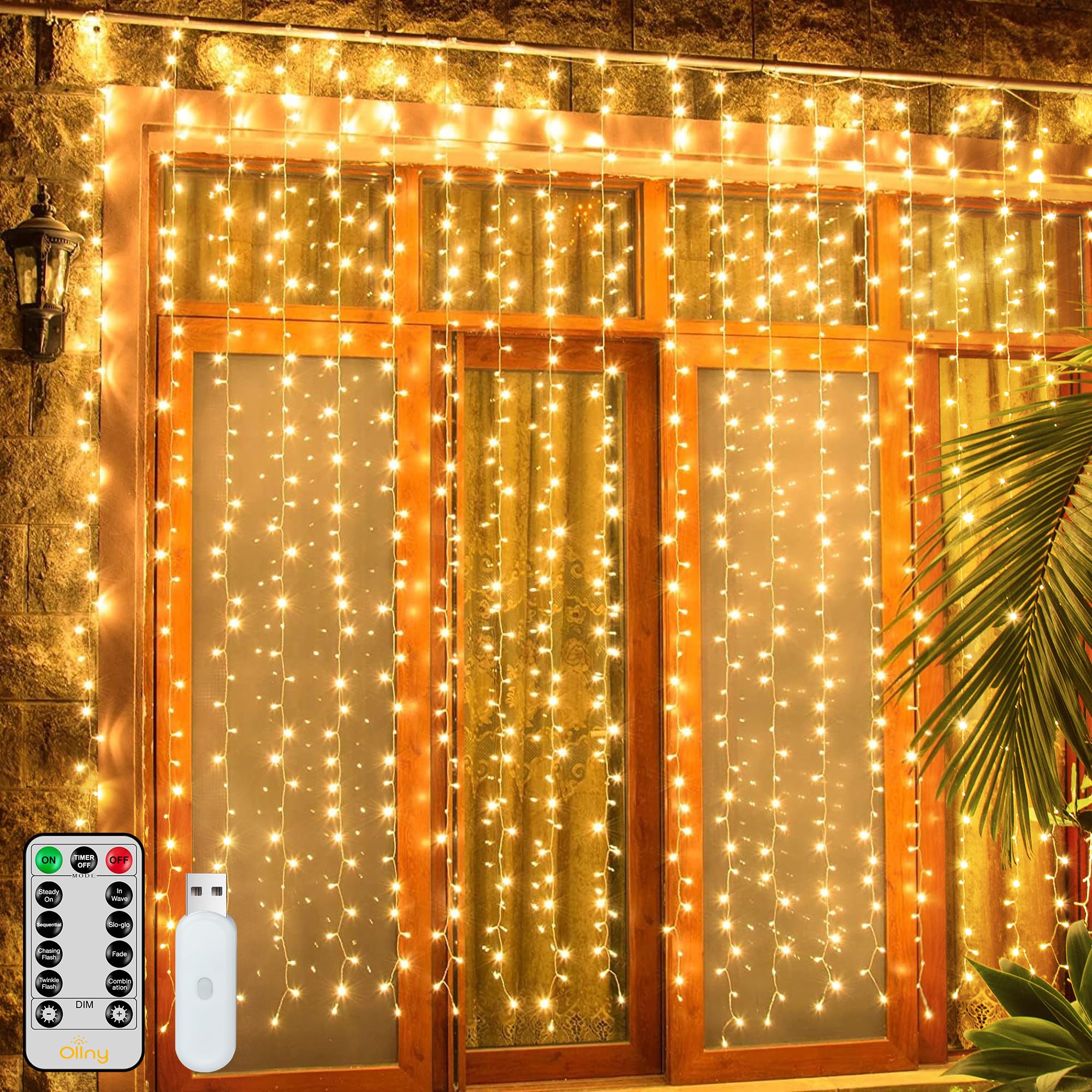 Ollny Curtain Lights 200LED Warm White USB String Lights 6.6x6.6ft Waterproof with Remote 8 Modes Timer