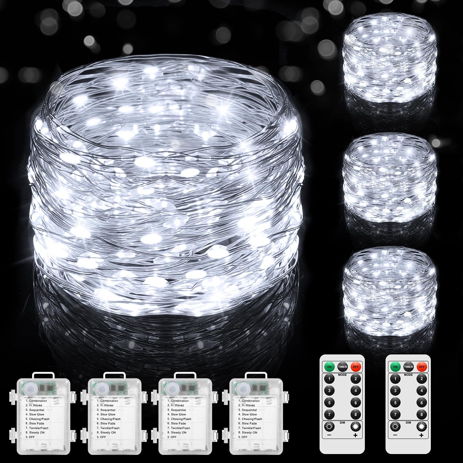 Lakumu 4-Pack 33FT 100 LED Fairy Lights Battery Operated, Remote Control String Lights with Timer, 8 Modes Waterproof Outdoor Twinkle Lights for Bedroom Classroom Dorm DIY Christmas Party, Cool White