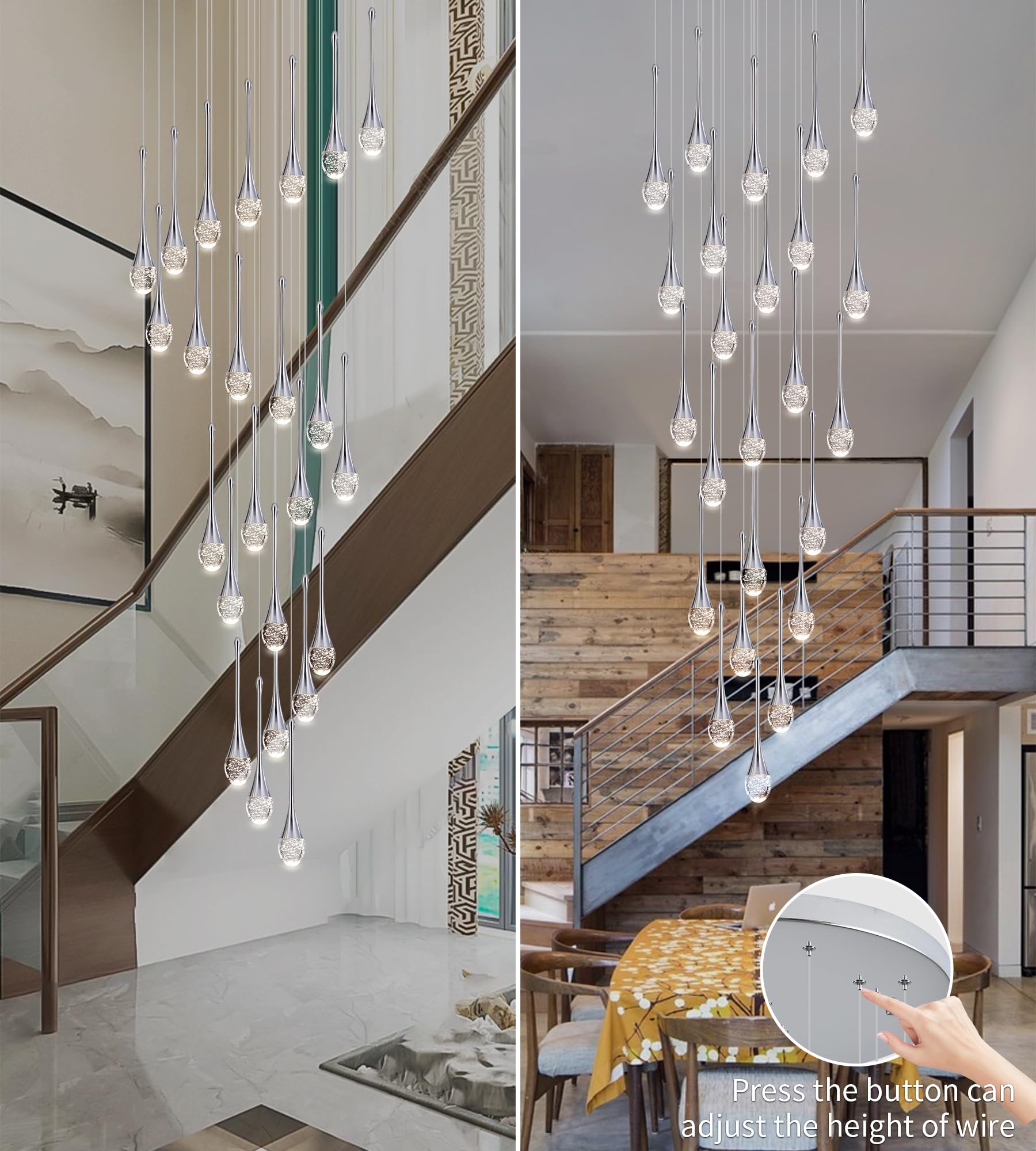 Upfelw Modern Crystal Chandelier 24 Lights, Polished Chrome, Dimmable LED, Model UCC-S24-0436, High Ceiling Foyer Light Fixture