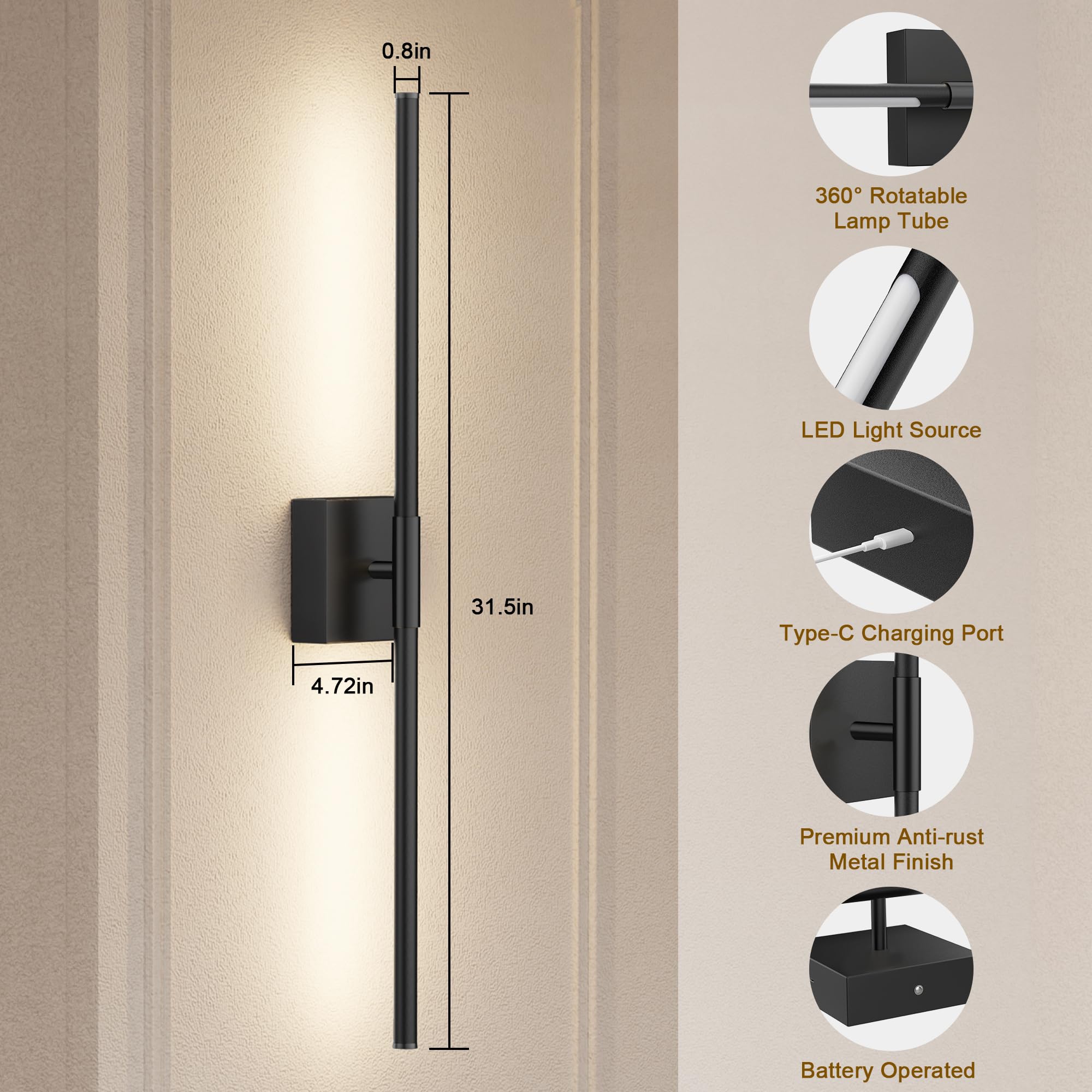 Gift4U Wall Sconce Set of Two, 31.5 Inch, Battery Operated, USB Rechargeable, Remote Control, Dimmable LED, Black