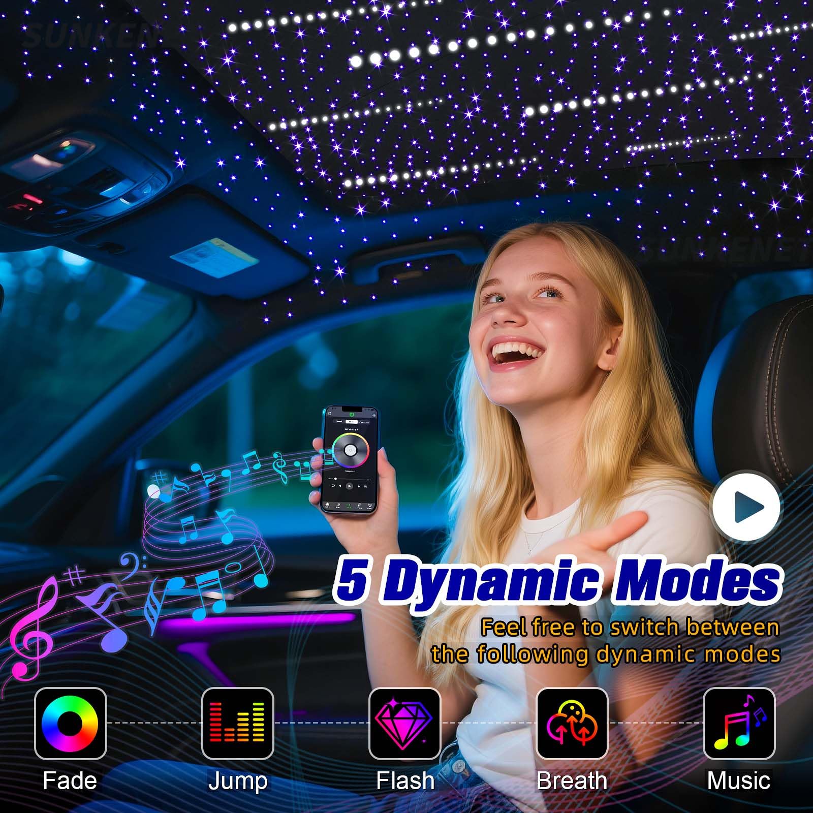 SUNKENET 12W RGBW Starlight Headliner Kit, 550pcs Fiber Optic Lights, Pure White, Model QJ-L012, Bluetooth/App Control