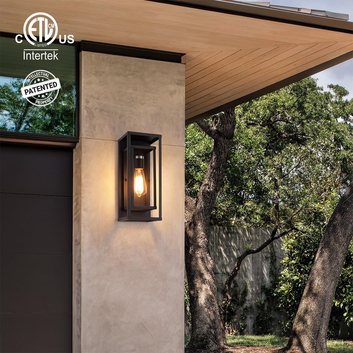 mirrea Outdoor Wall Sconce 1 Light, 14" Matte Black Rectangular Metal Frame, Clear Glass Shade, Waterproof, Pack of 2