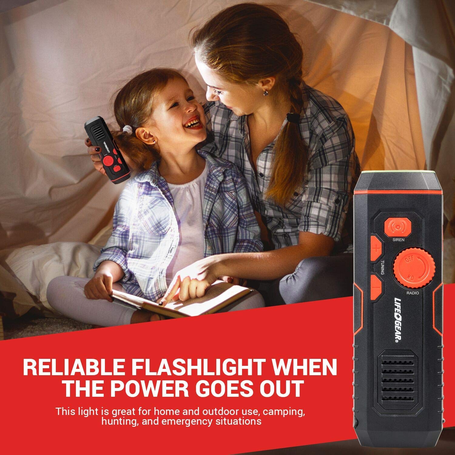 Life Gear StormProof Crank Flashlight - Red & Black, 6.2" x 1.9" x 1.6", Model LG38-60675-RED, Durable &