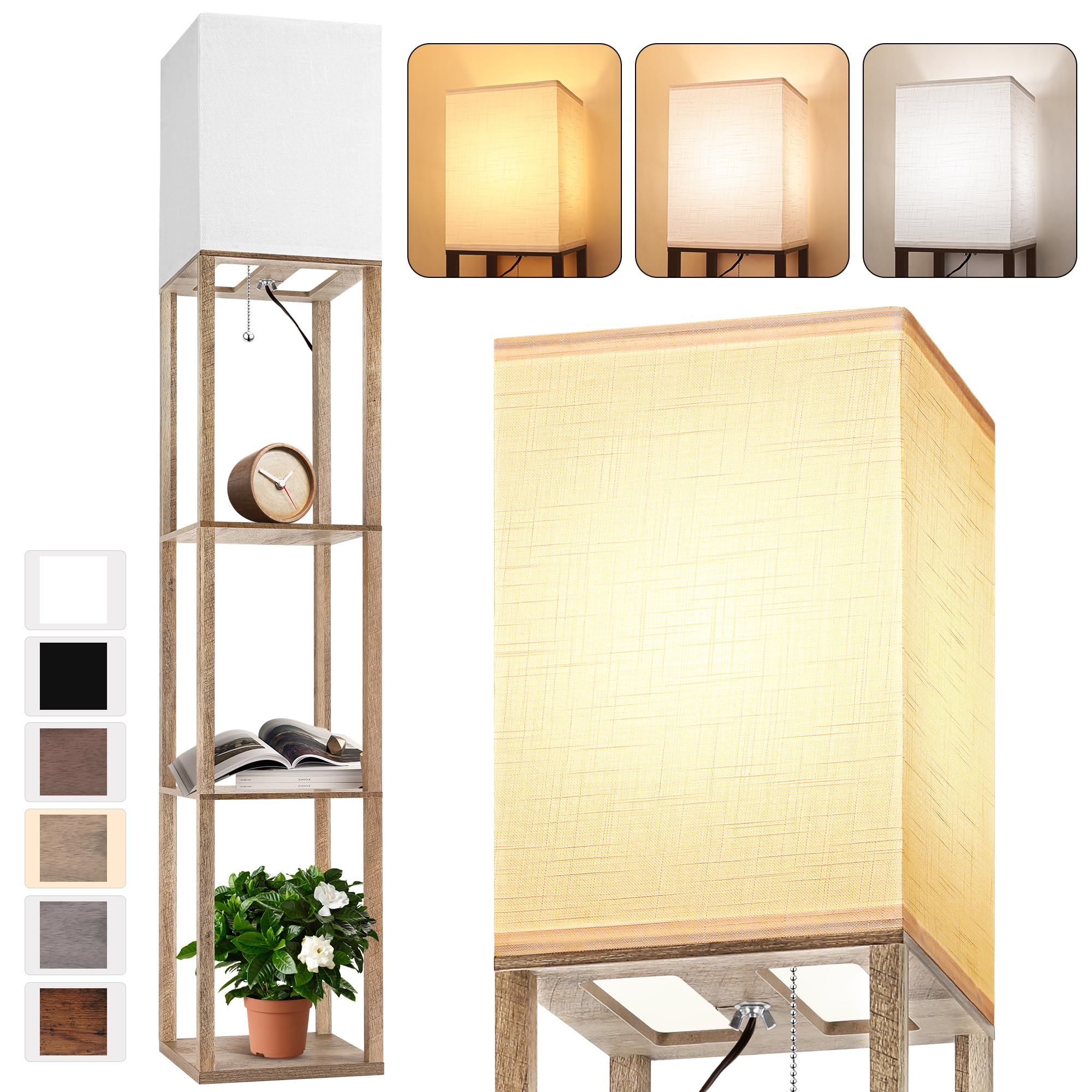 Floor Lamp with Shelves for Living Room Natural Wood, Shelf Floor Lamp with 3 CCT LED Bulb, Corner Display Standing Column Lamp 