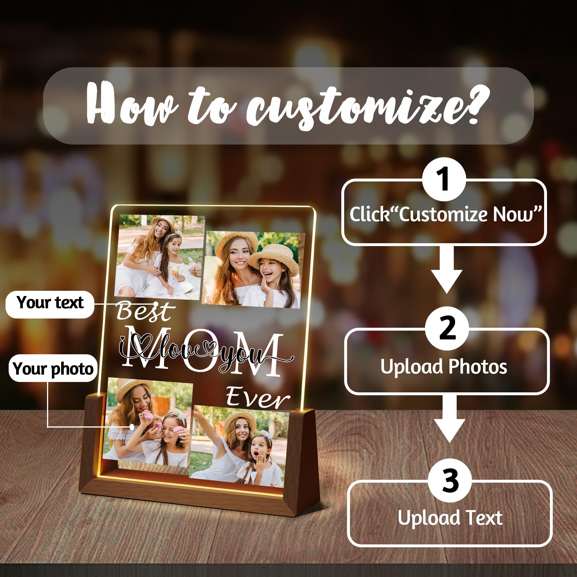 Maiwell Personalized Mothers Day Birthday Gifts For Mom Wife  Custom Best Mom Ever Gifts From Daughter Son Husband  Acrylic Night Light Picture Frame With Photo Name Christmas Gift For Mama Women
