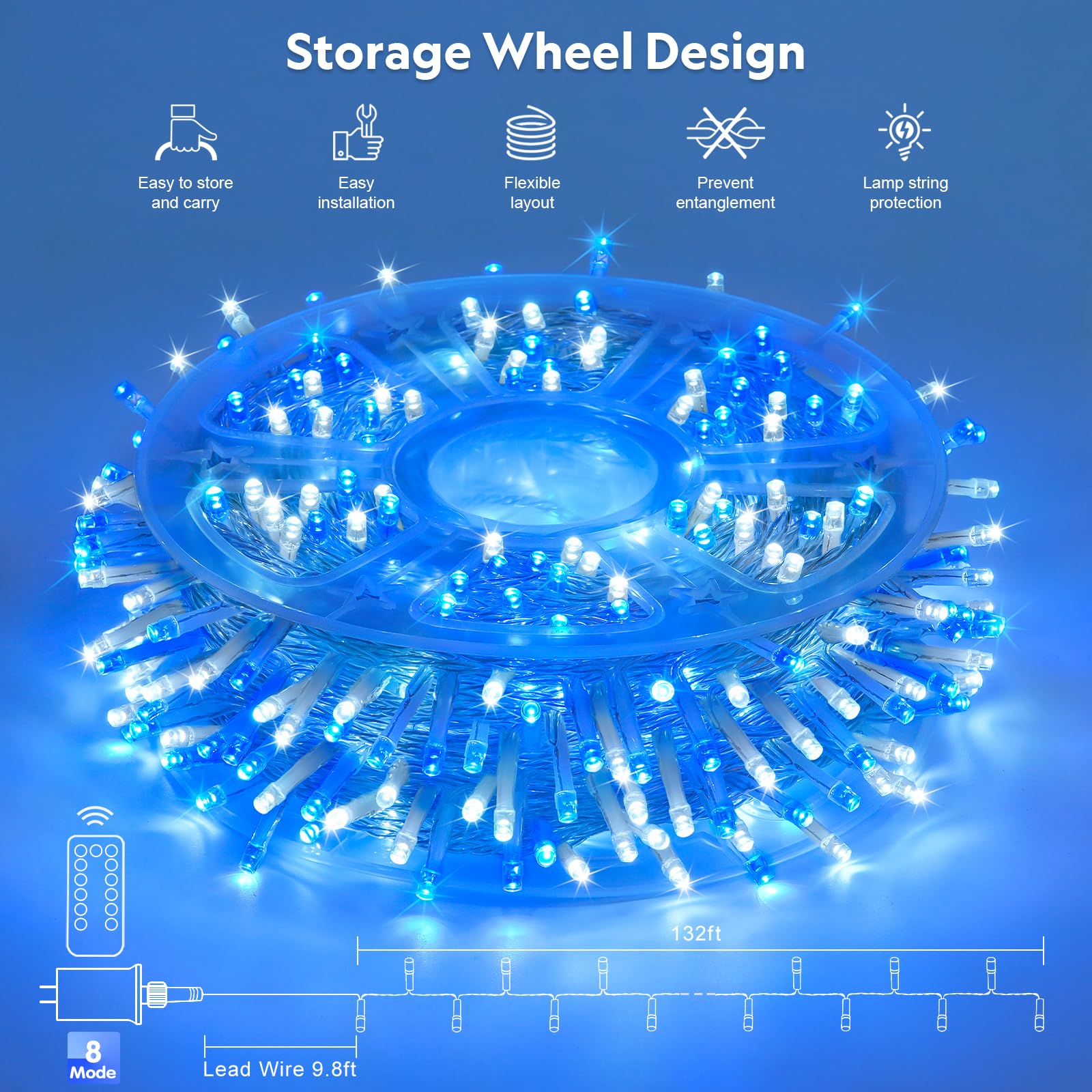 JMEXSUSS Christmas Lights 132FT 400 LED Outdoor String Lights, Waterproof, 8 Modes, Blue and White, Model EXS-S-0400-R