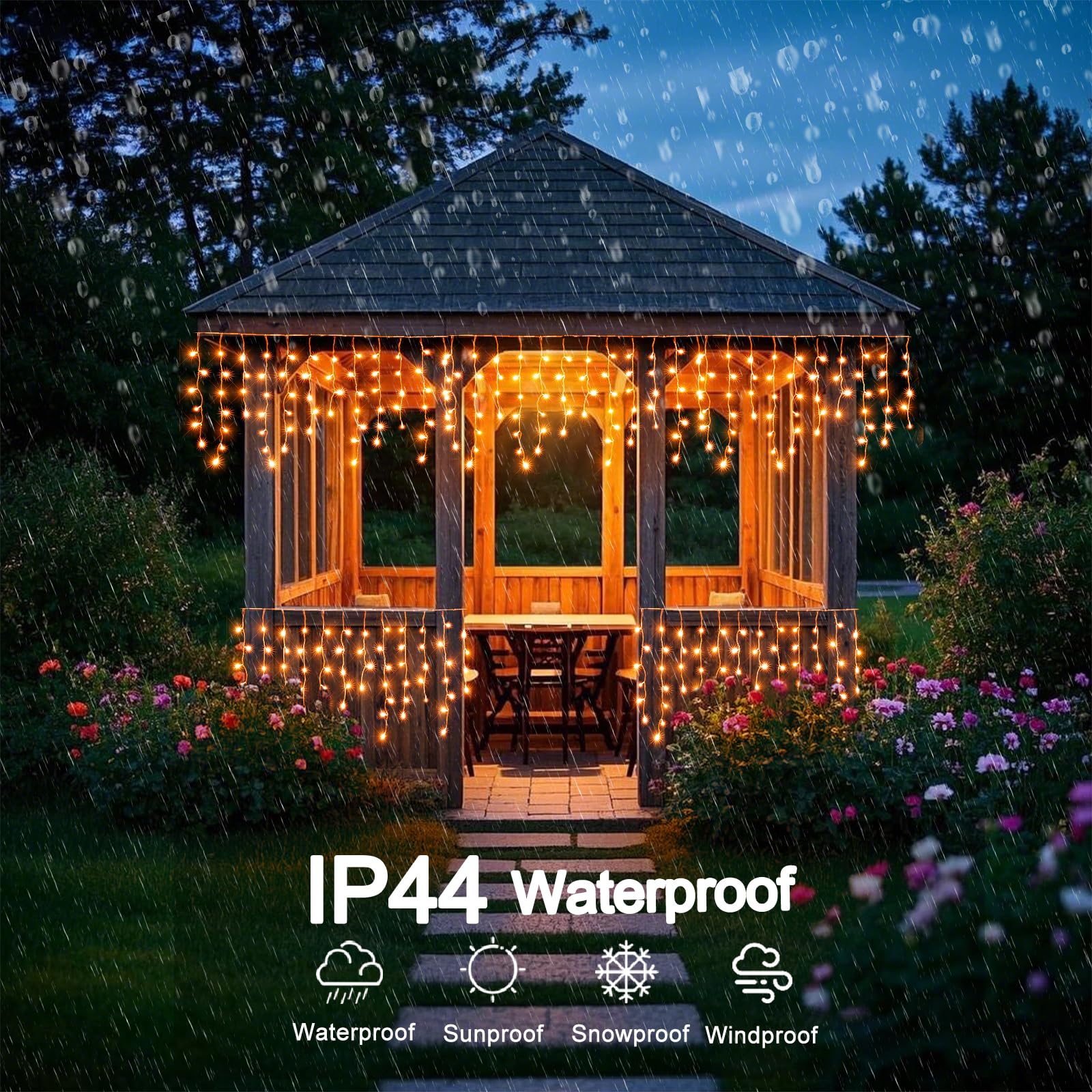 33 Ft Orange Icicle Lights For Outside, 400 Led Christmas Lights Outdoor, Clear Wire Twinkle String Lights With Timer 8 Modes Wa