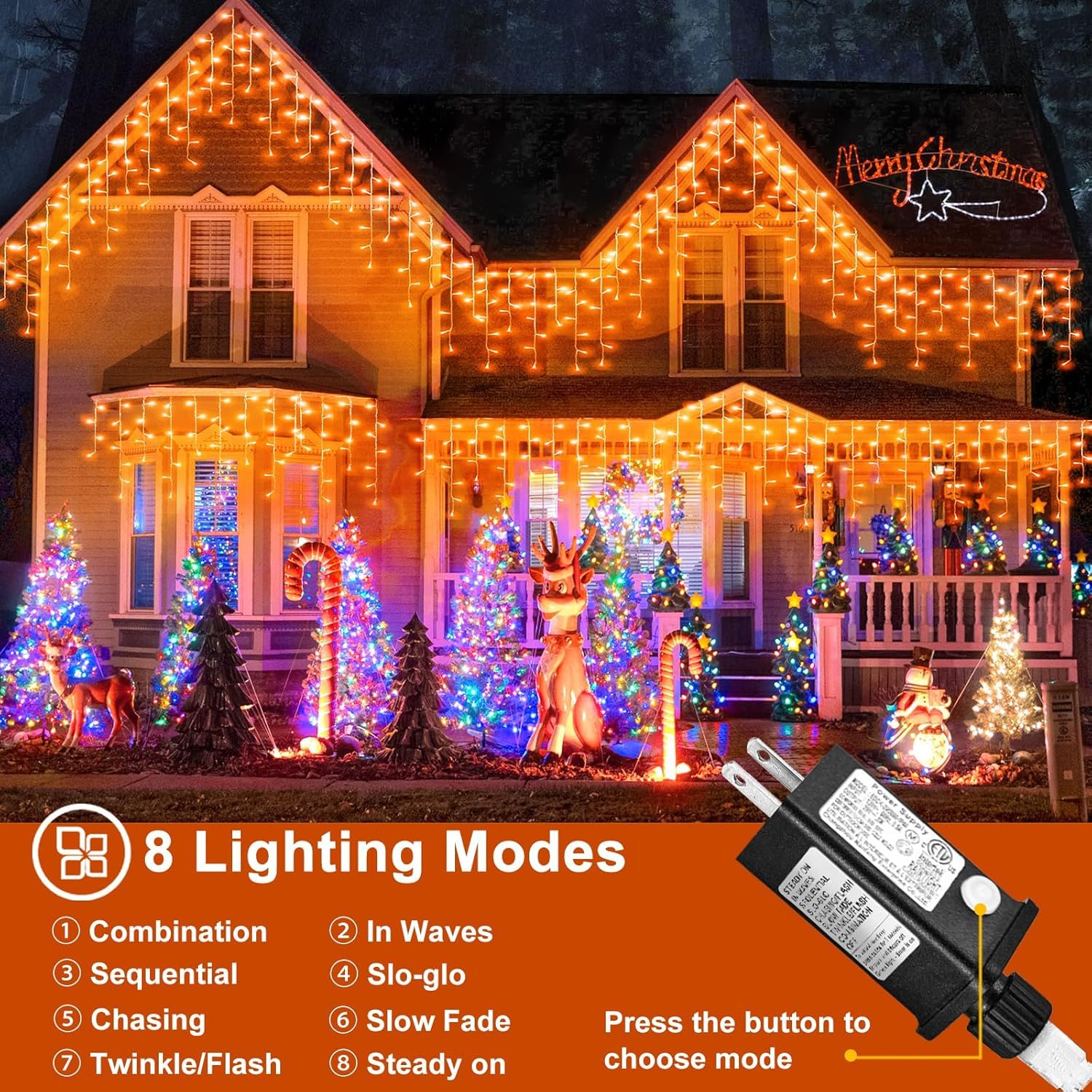 66Ft Orange Christmas Lights Outdoor, 640 Led Icicle Lights For Outside Indoor Twinkle Lights With Connectable Clear Wire 8 Mode