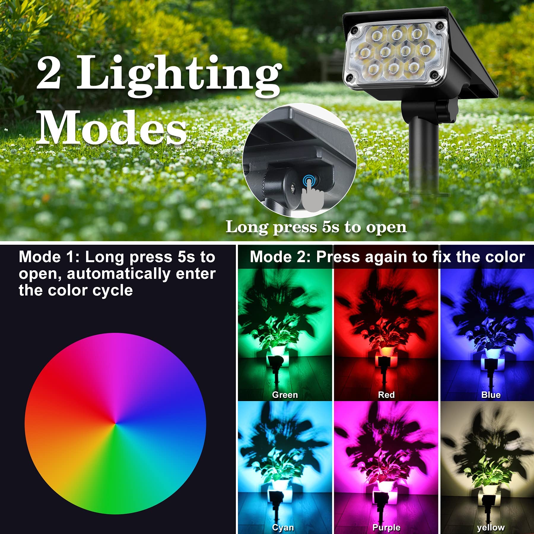Crepow Solar Spot Lights, Rgb Color Changing, Waterproof, Auto On/Off, 10 Leds, 4 Pack