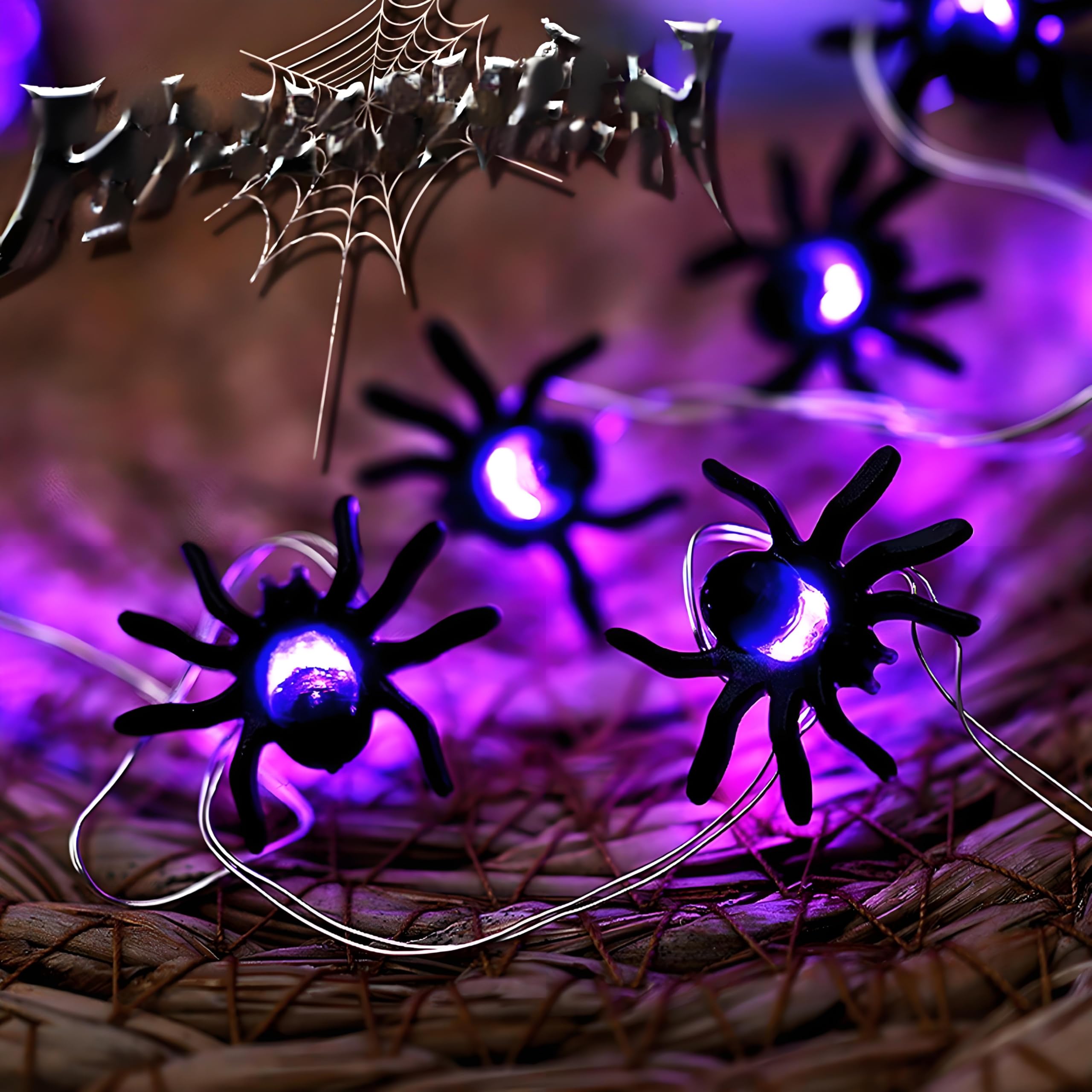 Spider String Lights for Halloween Decoration, 16.5Ft Copper Wire String Lights with 50LED Purple Lights and Little Black Spider
