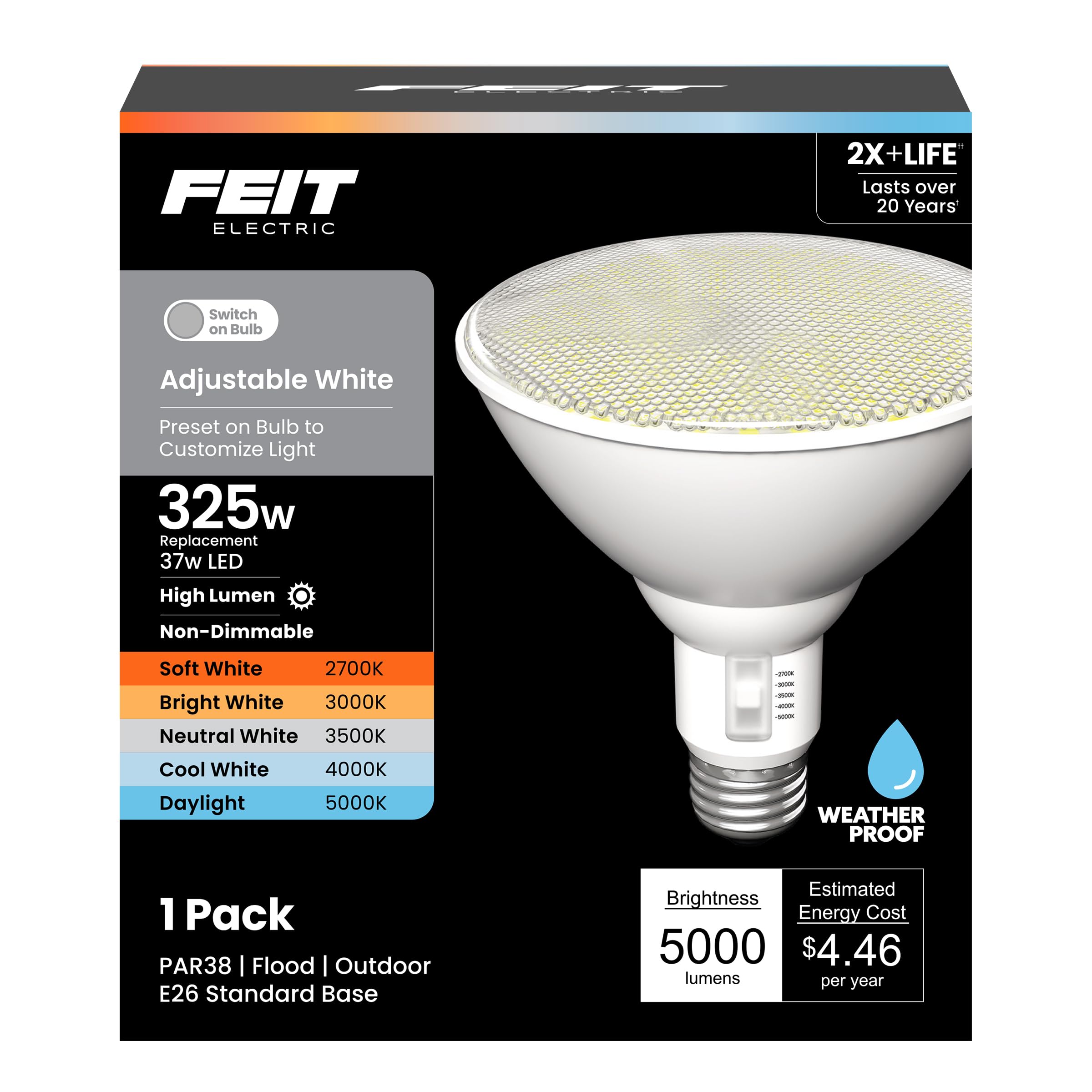 Feit Electric PAR38 LED Flood Light, 325W Equivalent, 5000 Lumens, Adjustable White 5-CCT 2700K-6500K, 37W, Weatherproof Outdoor