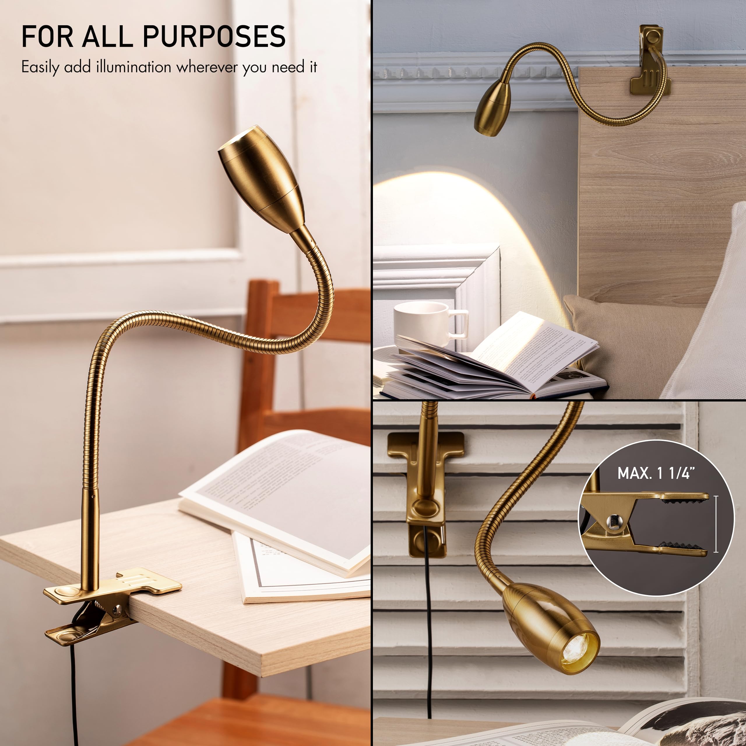 O'Bright Lumos Clip-on Lamp - Zoomable, Dimmable LED, Flexible Gooseneck, Antique Brass, Model OB-CL15M