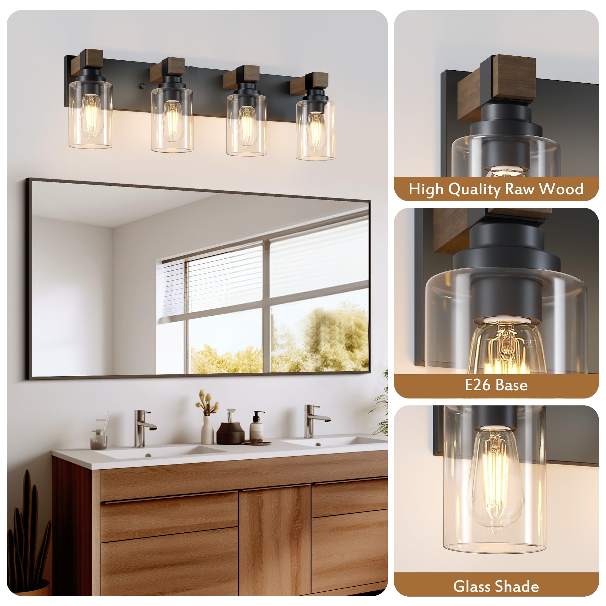 DvmTeom Farmhouse Bathroom Vanity Light - Rustic 4-Light Black & Wood Sconces with Glass Shade, Model D6005