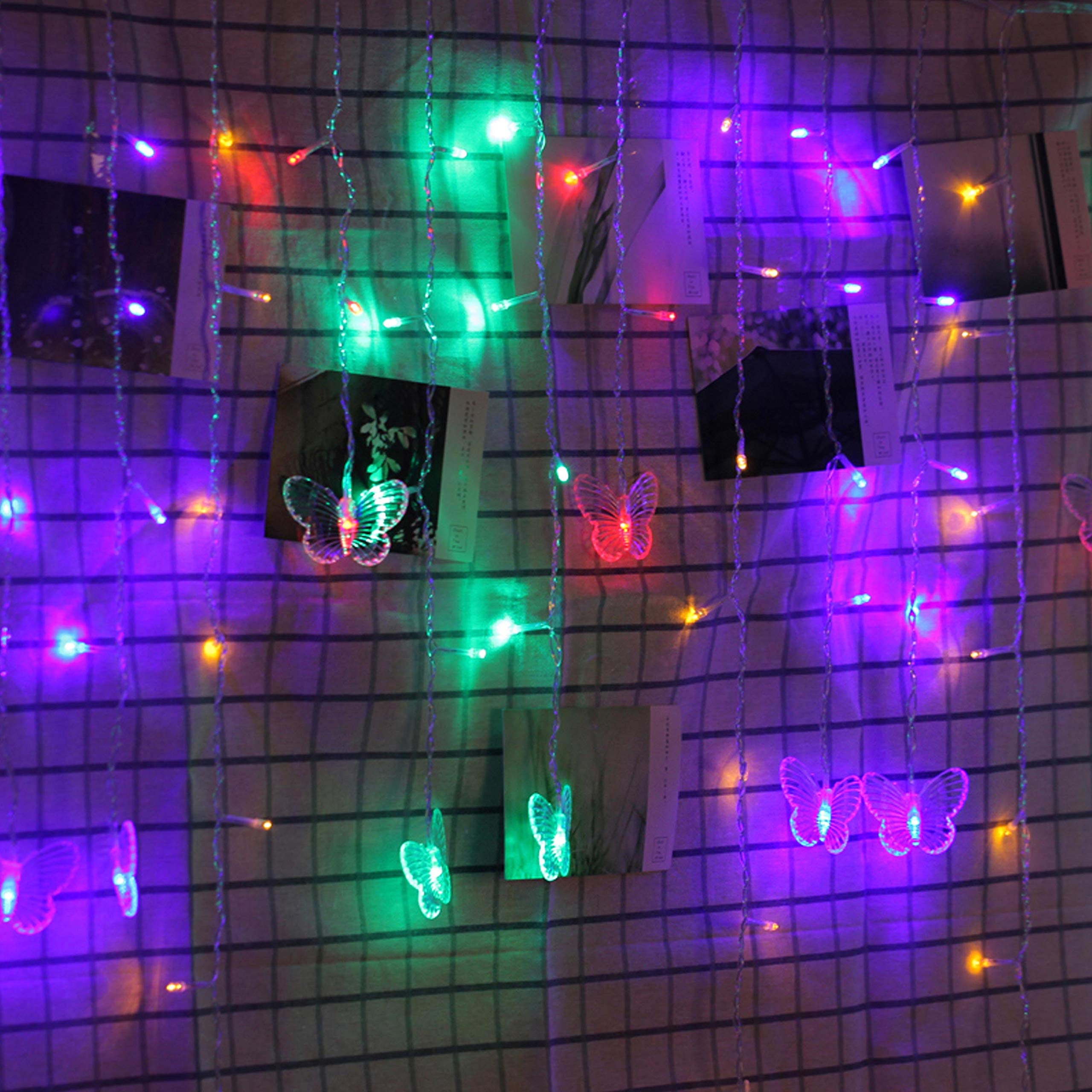 Decorman Butterfly Curtain Lights, 48 LED Fairy Lights, 4.9ft, Colorful, Remote Control, 8 Modes, Model CLD-B-R-001