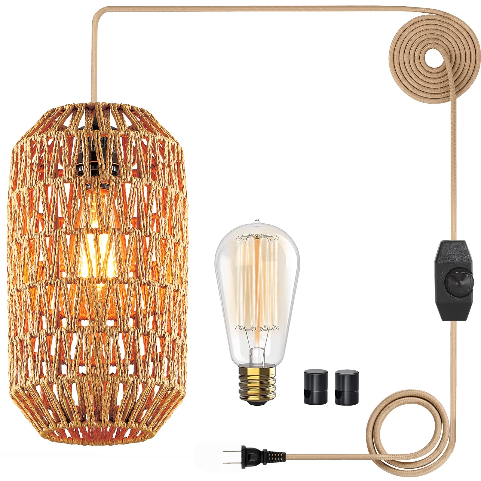 Ruzectt Boho Plug in Pendant Light Rattan Hanging Lights with 15FT Cotton Cord & Stepless Dimming Switch  Woven Wicker Basket Hanging Lamps for Bedroom Kitchen Island Living Room (Brown)