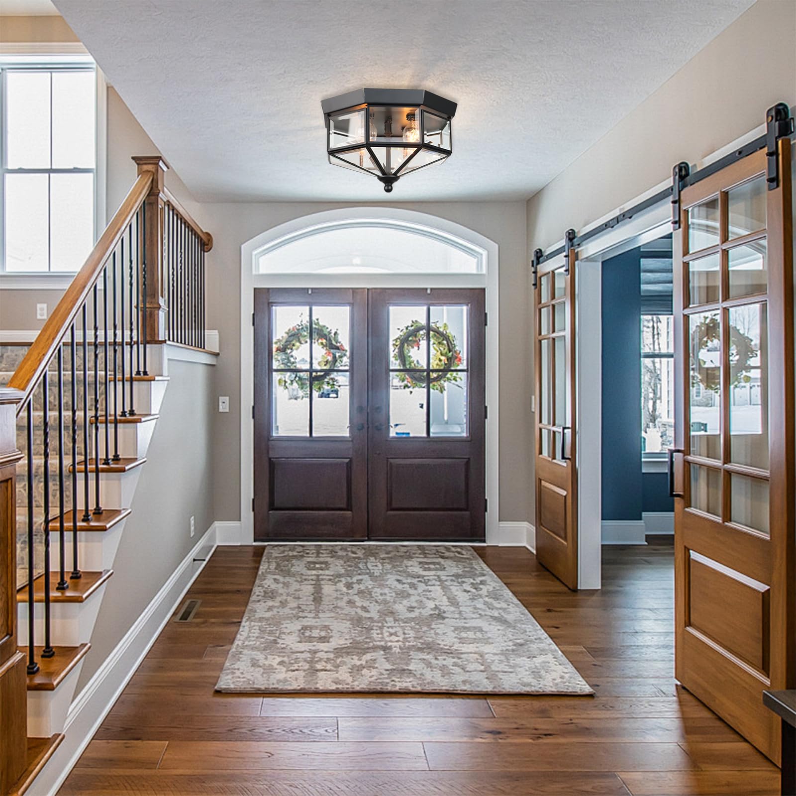 Flush Mount Outdoor Ceiling Light Fixture  4 Light Exterior Porch Ceiling Lights With Clear Glass  Black Farmhouse Lighting For Indoor Hallway Kitchen Stairway (E12 Base)