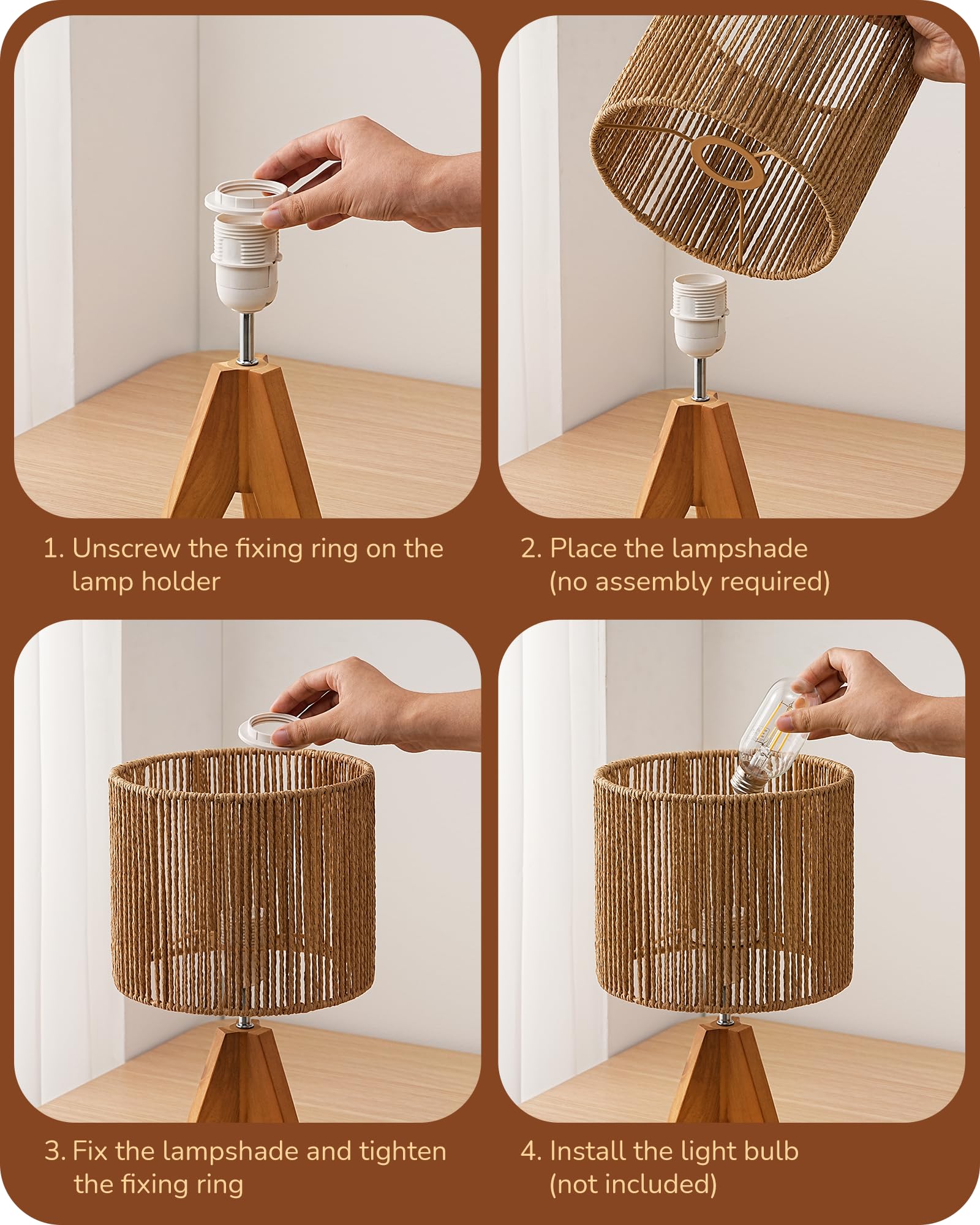 Edishine Small Rattan Table Lamp, Wood Tripod Bedside Lamp, Boho Nightstand Lamp For Living Room, End Table, Office, E26 Base, N