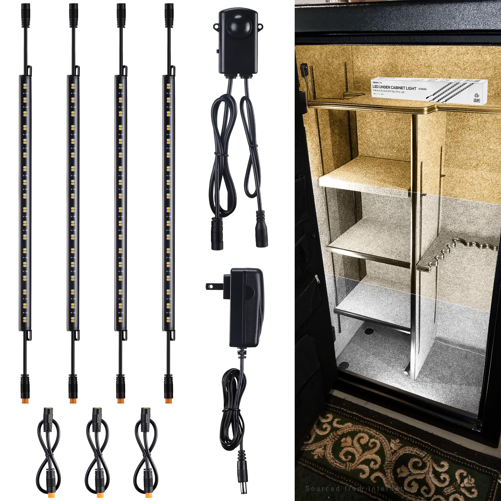 TORCHSTAR LED Safe Lighting Kit 3CCT, (4) 12 Inch Linkable Light Bars + Motion Sensor + UL Power Adapter, 600LM, Input 100-240V,