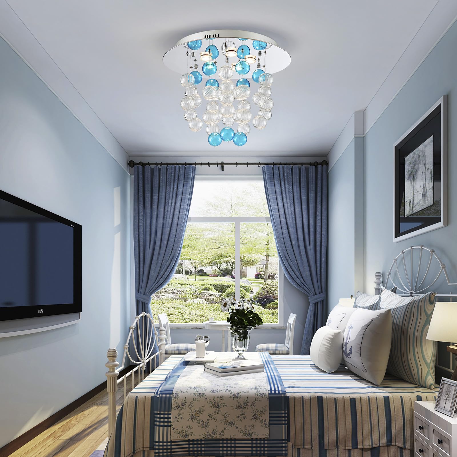 SM Saint Mossi Bubble Chandelier - Modern Blue Ceiling Light, D19 x H17, Glass & Chrome, 5 GU10 Sockets, Clear & Blue Lampshade