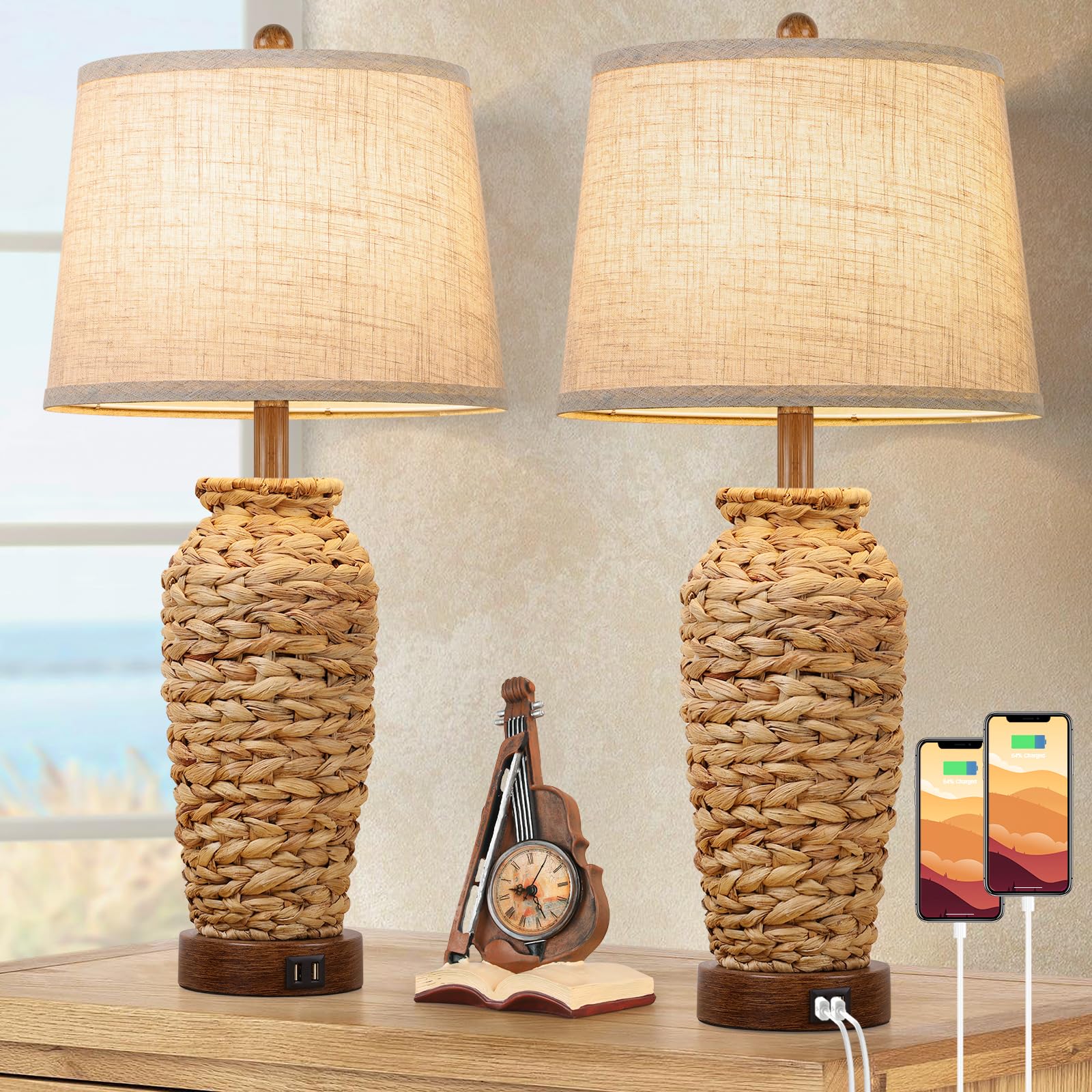Set Of 2 Rattan Table Lamps, 27In Tall Boho Table Lamps With 2 Usb Charging Ports, Farmhouse Rustic Woven Seagrass Bedside Lamps