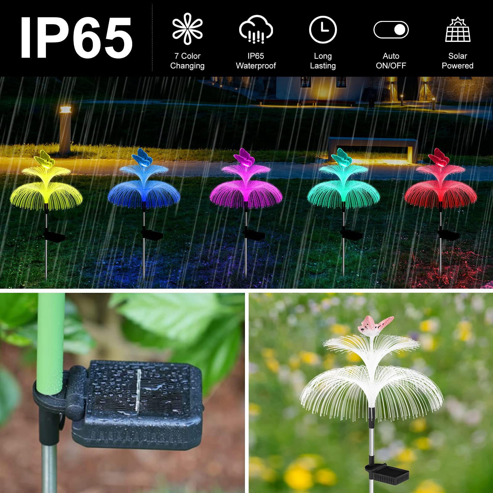 Weepong Solar Garden Lights, Waterproof Decorative Jellyfish & Butterfly, 7 Color Gradients, 3 Pack