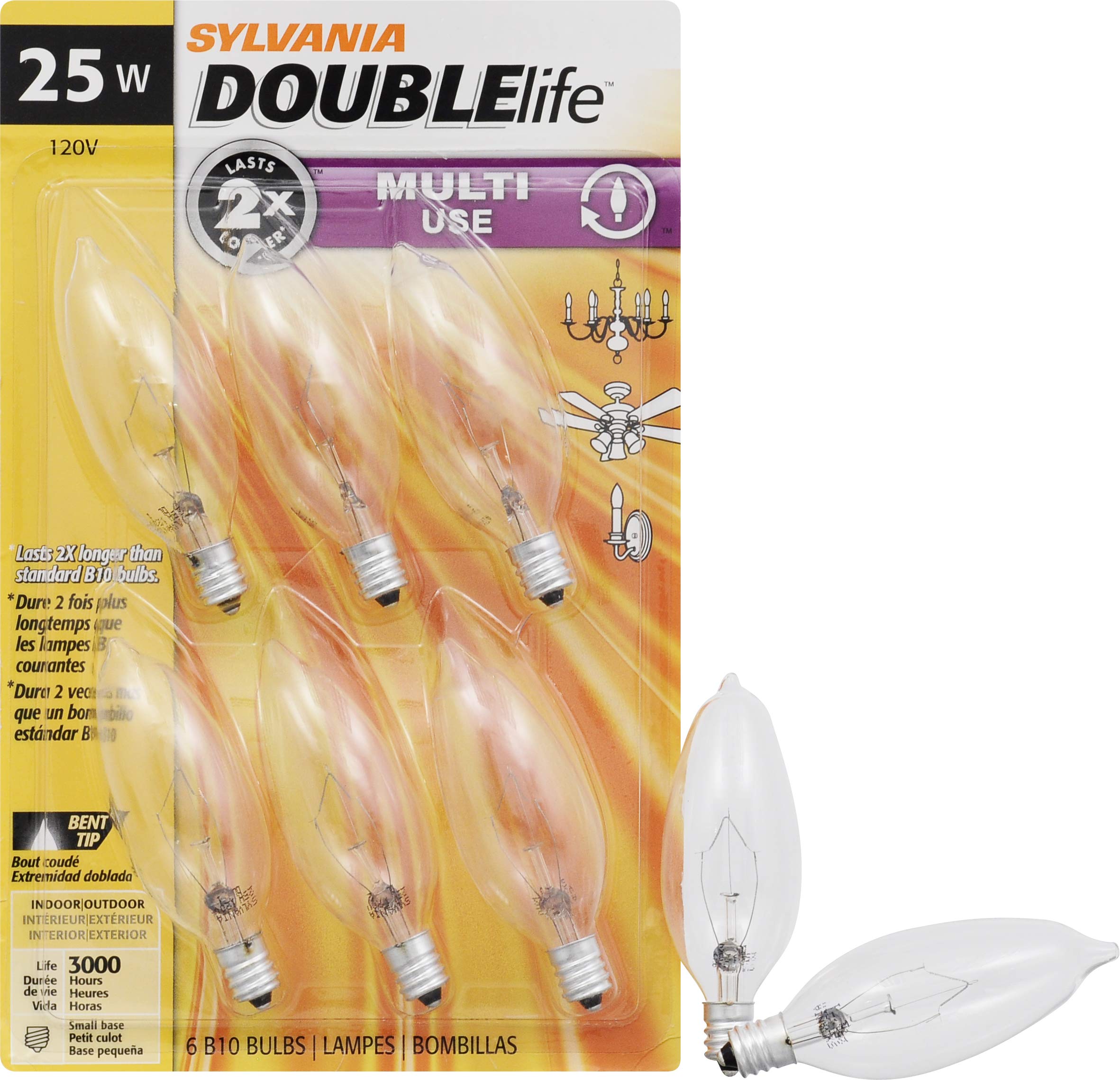 Sylvania Incandescent Double Life Light Bulb, B10, 25W, Candelabra Base, 175 Lumens, 2850K, Clear, Soft White - 6 Count (Pack Of