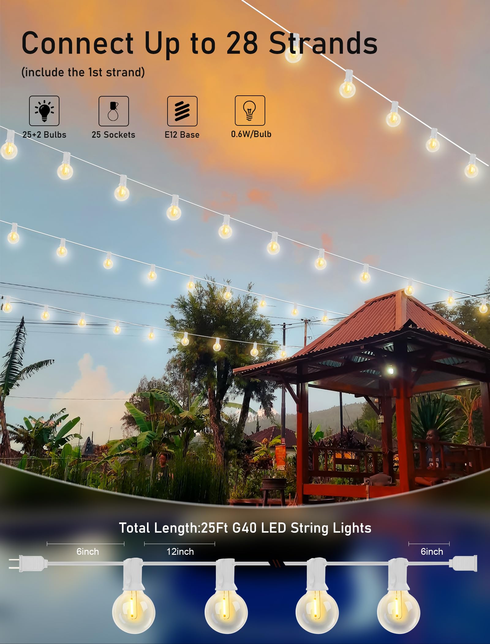 GOOTHY 25Ft G40 LED Outdoor String Lights, Waterproof, Shatterproof Bulbs, White