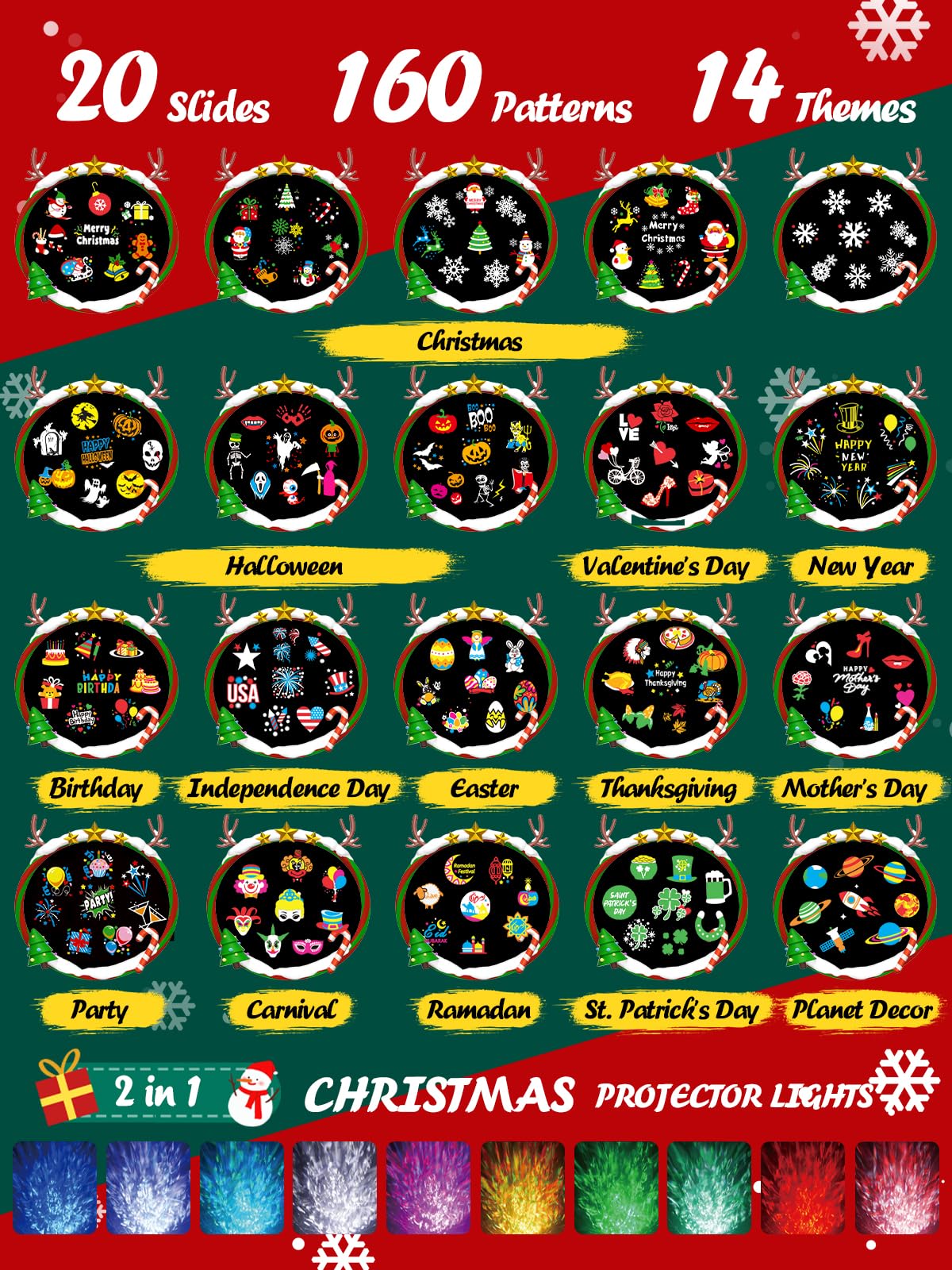 8-Pattern Christmas Projector Lights Outdoor, Anysun Brighter 160 Hd Patterns Christmas Decorations, 2-In-1 Ocean Wave Snowflake